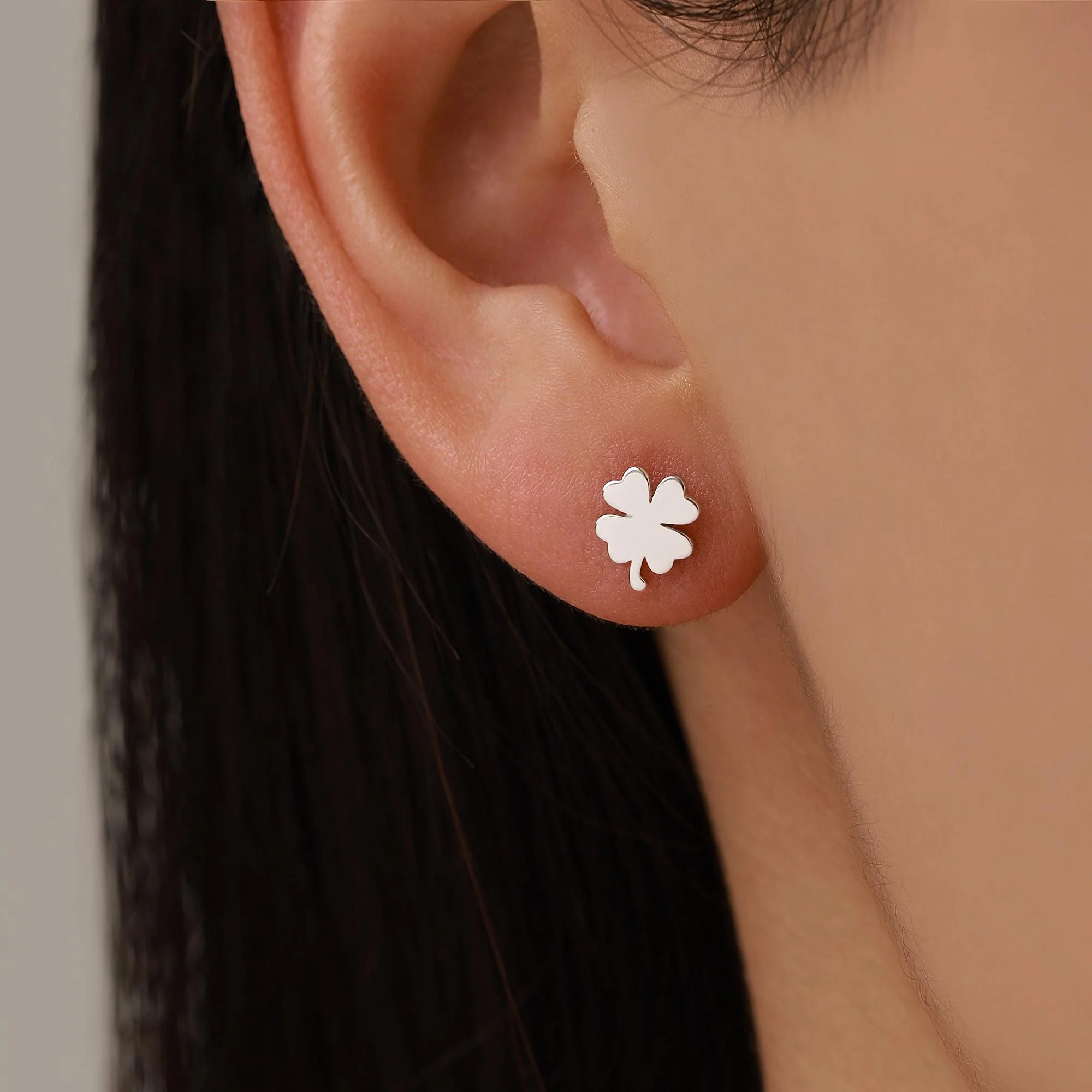 Mismatched Wishbone and Clover Leaf Stud Earrings in Sterling Silver, Silver, Gold or Rose Gold Finish, Asymmetric Small Good Luck Earring - Image 3