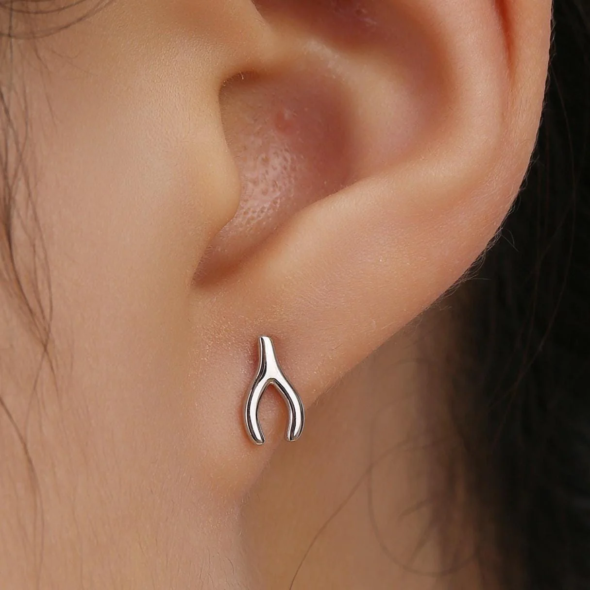 Mismatched Wishbone and Shamrock Leaf Stud Earrings in Sterling Silver, Silver, Gold or Rose Gold Finish, Asymmetric Small Good Luck Earring - Image 8