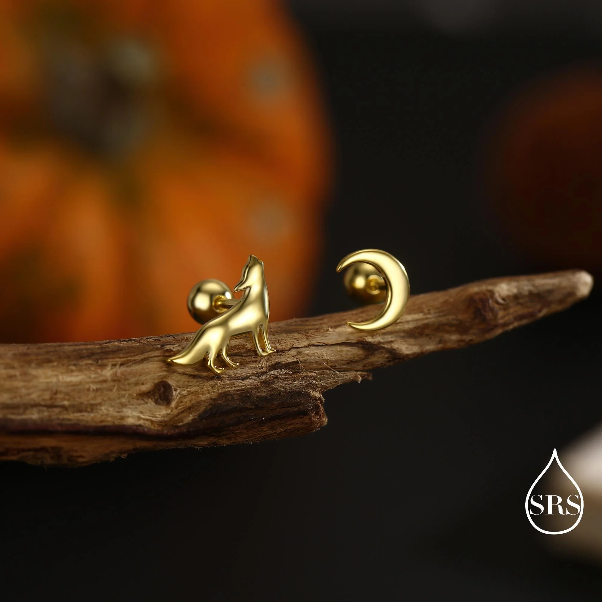 Mismatched Wolf and Moon Internally Threaded Flat Back /Screw Back / Stud Earrings in Sterling Silver, Silver, Gold or Rose Gold - Image 11