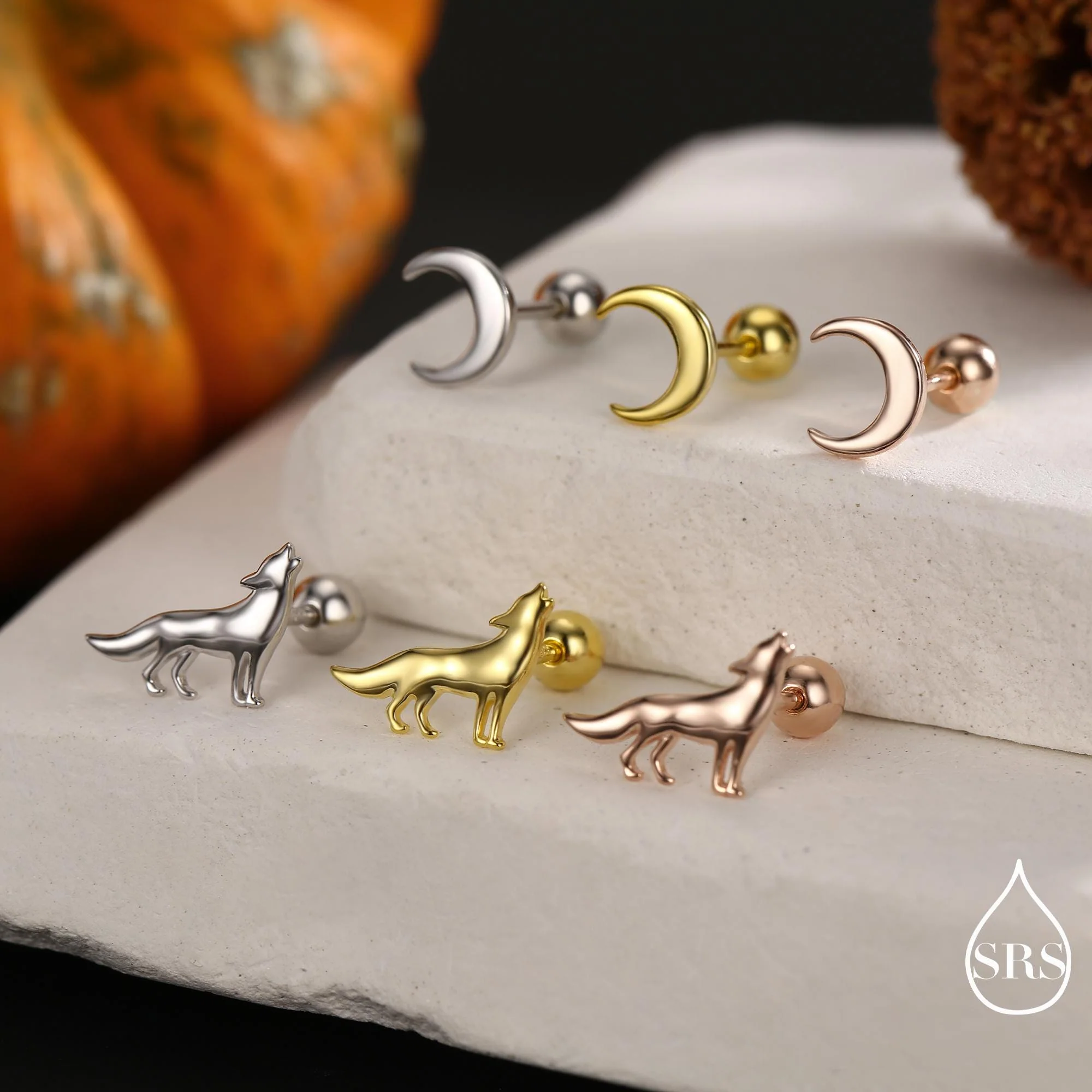 Mismatched Wolf and Moon Internally Threaded Flat Back /Screw Back / Stud Earrings in Sterling Silver, Silver, Gold or Rose Gold - Image 15
