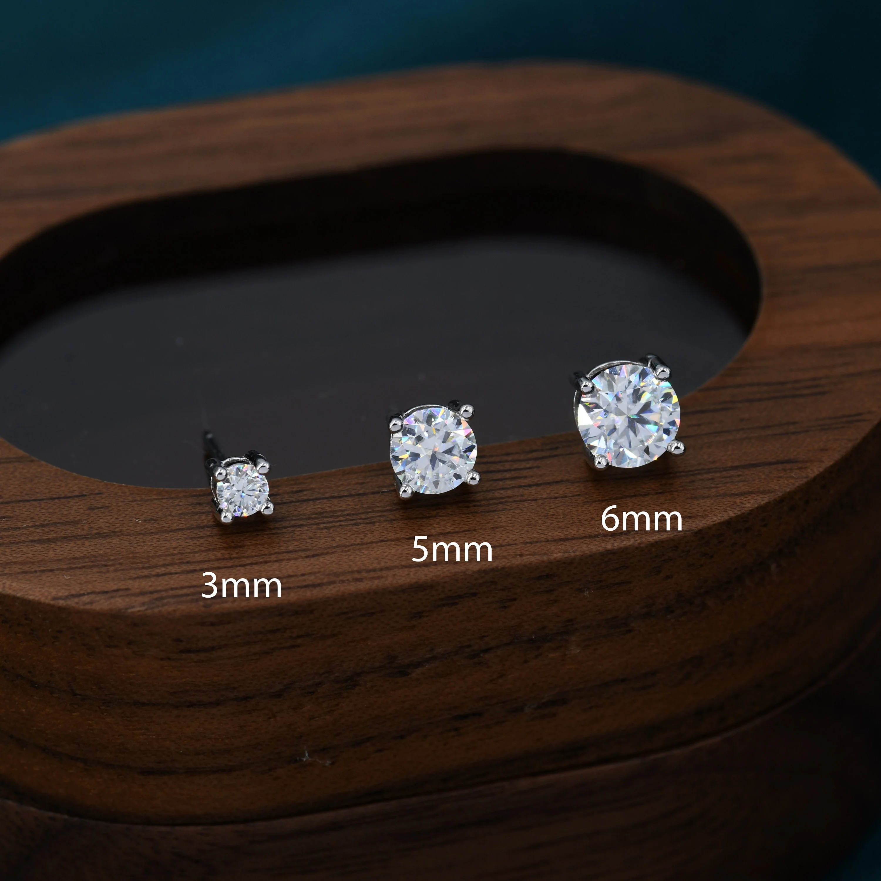Moissanite Diamond Stud Earrings in Sterling Silver, Available in 3mm, 5mm 6mm, Brilliant Cut Earrings, Four Prong Set - Image 3