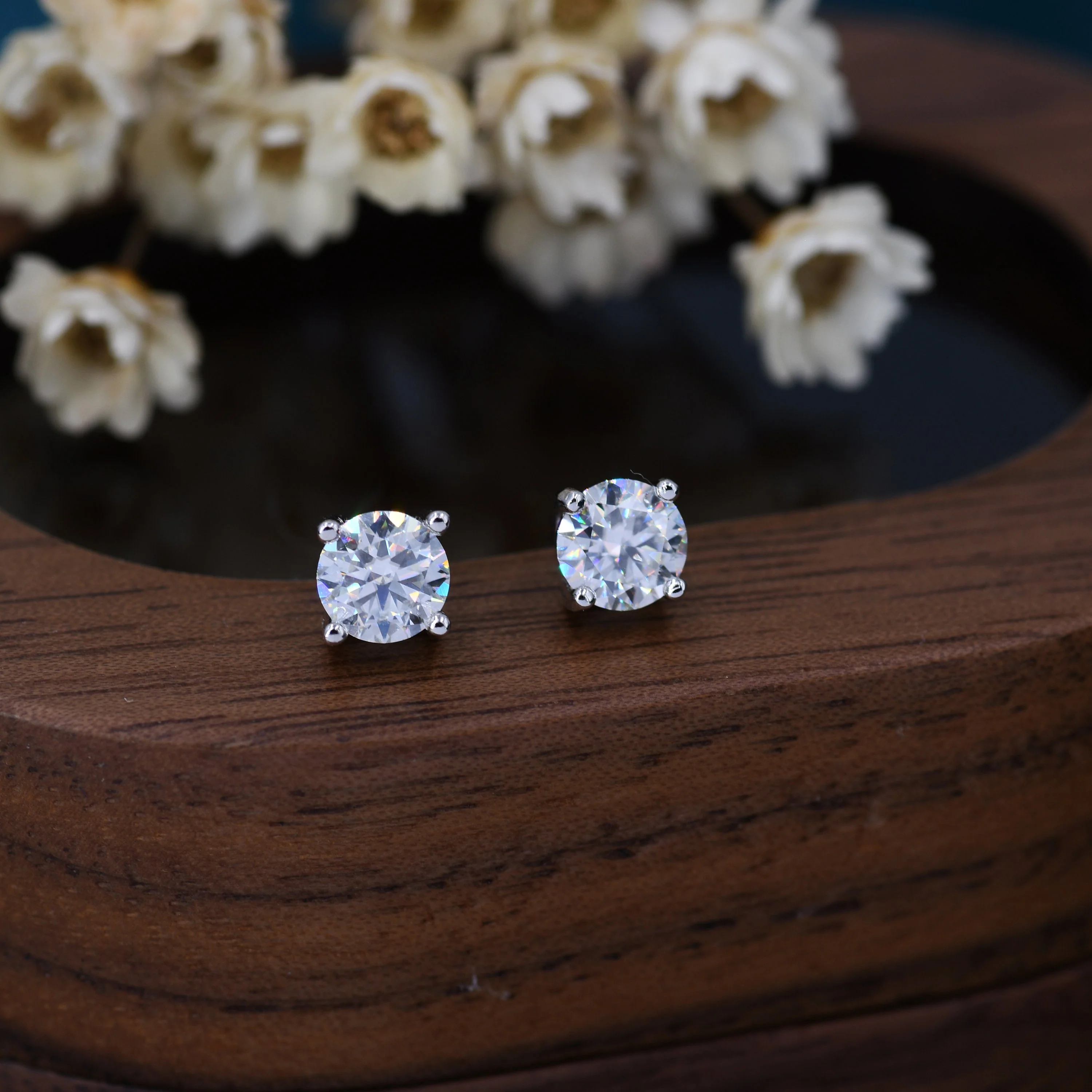 Moissanite Diamond Stud Earrings in Sterling Silver, Available in 3mm, 5mm 6mm, Brilliant Cut Earrings, Four Prong Set - Image 4