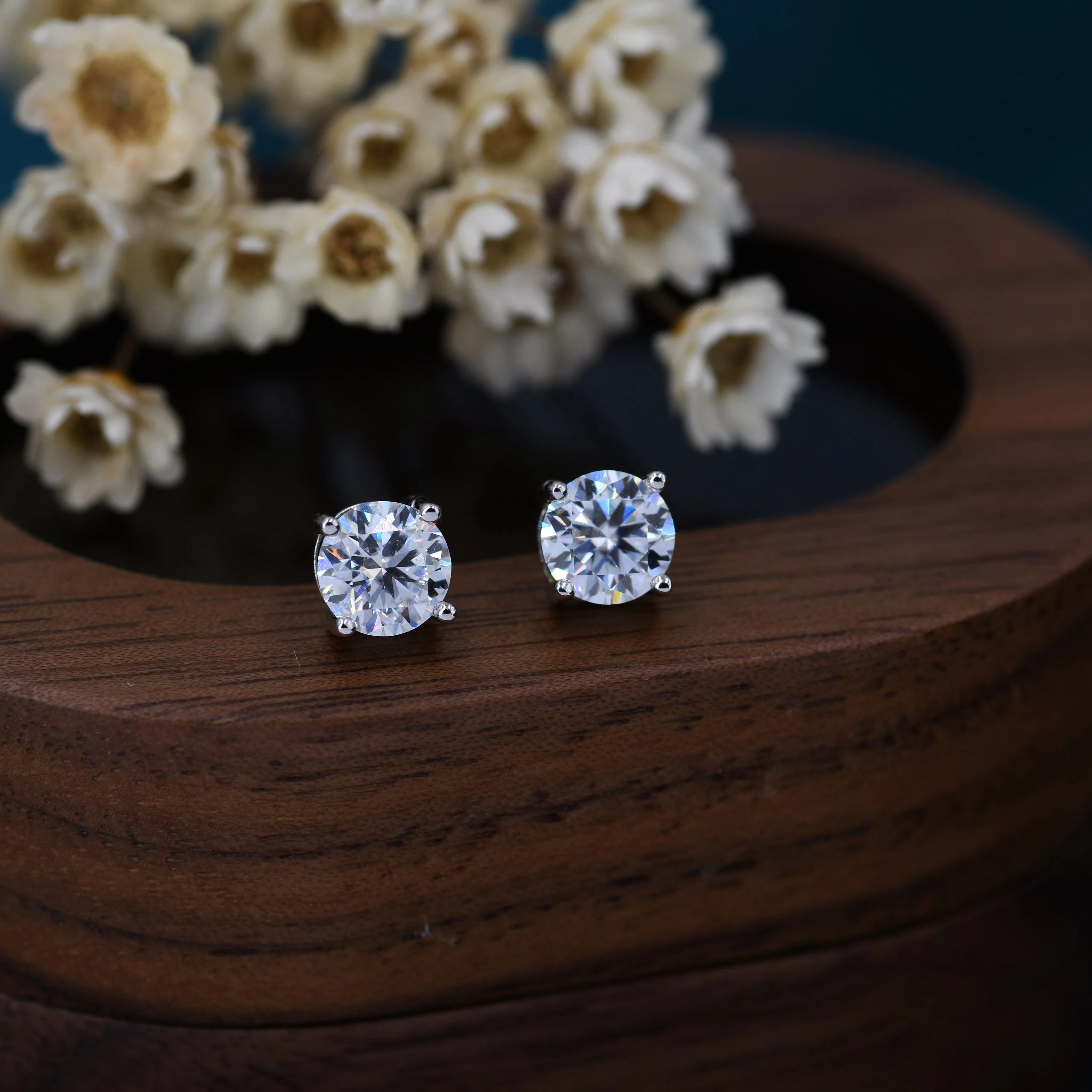 Moissanite Diamond Stud Earrings in Sterling Silver, Available in 3mm, 5mm 6mm, Brilliant Cut Earrings, Four Prong Set - Image 5