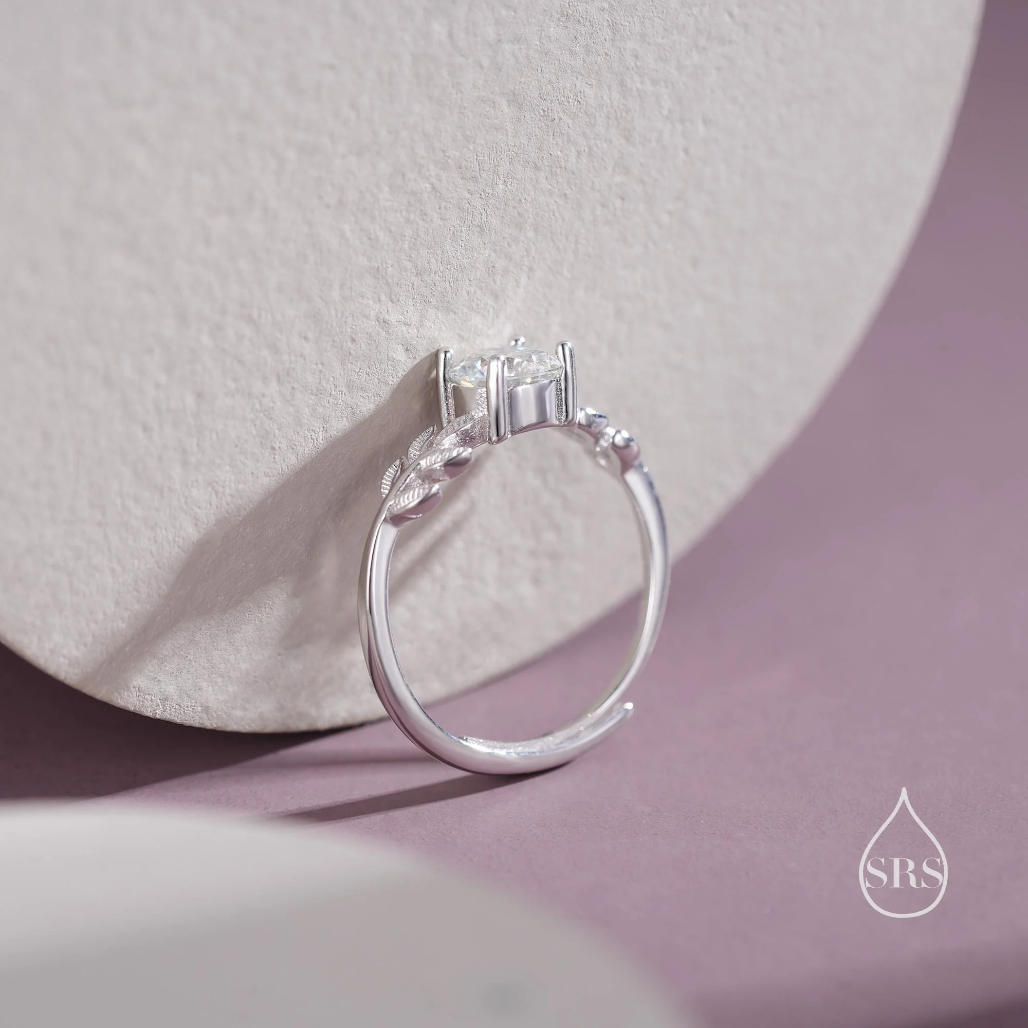 1 Carat Moissanite Stone and Leaf Ring in Sterling Silver, Adjustable Size, Botanical Jewellery - Image 4