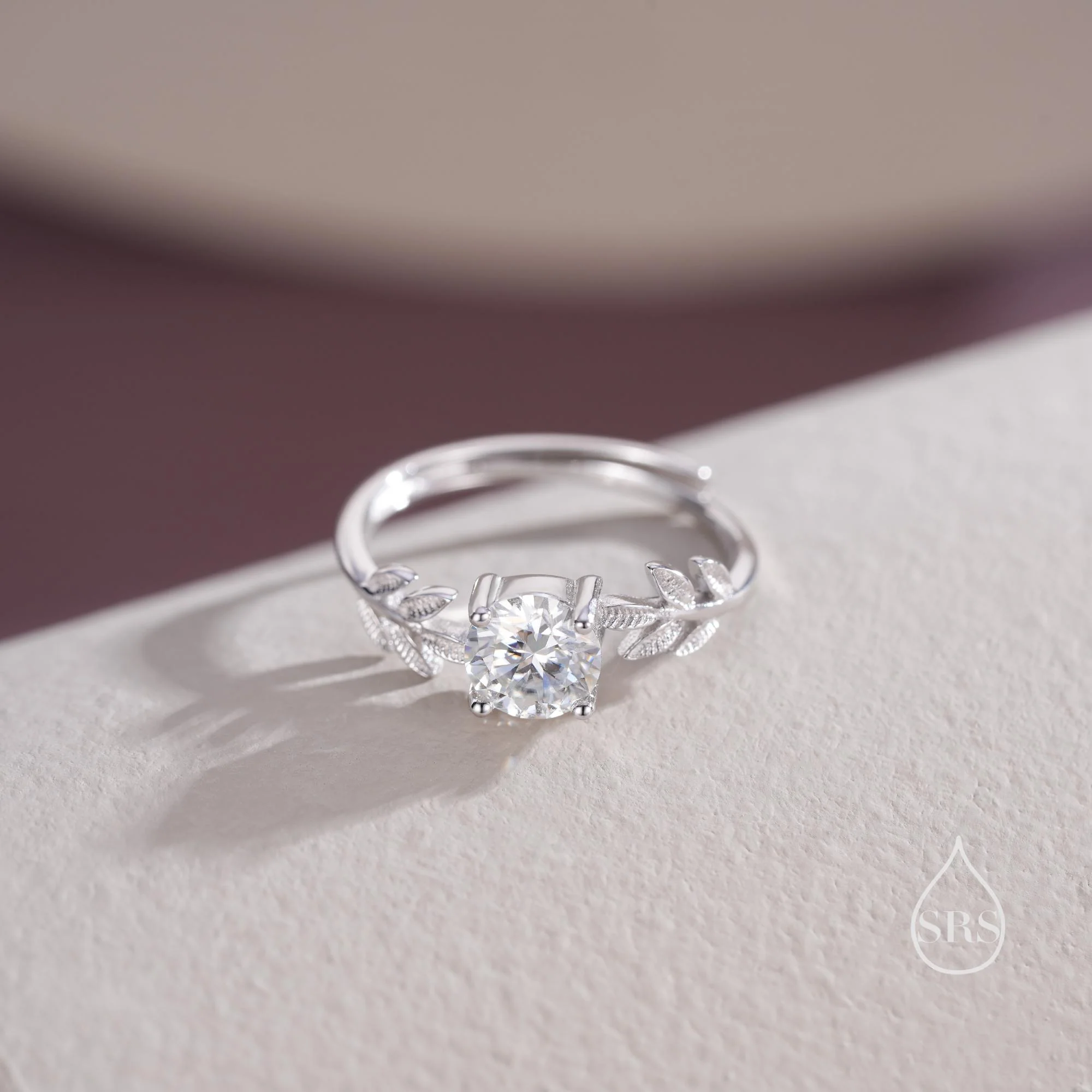 1 Carat Moissanite Stone and Leaf Ring in Sterling Silver, Adjustable Size, Botanical Jewellery - Image 6