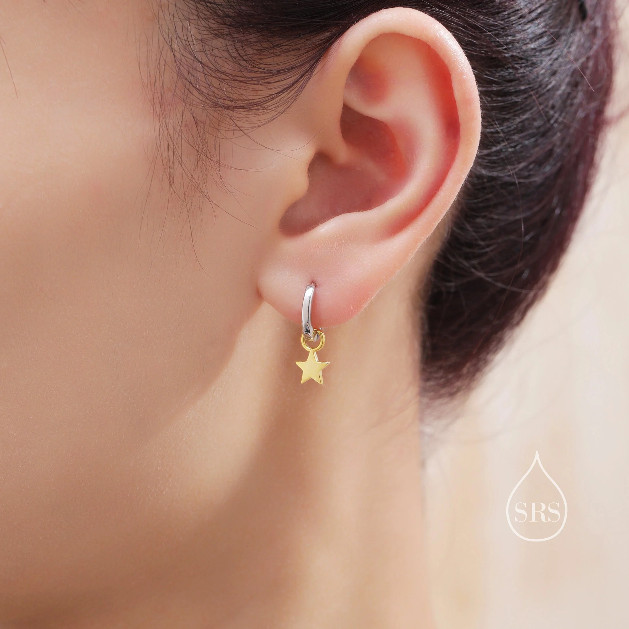 Moon and Star Charm Huggie Hoop Earrings in Sterling Silver, Mixed Tone, Silver and Gold, Detachable Charm Hoops, Celestial Earrings - Image 3