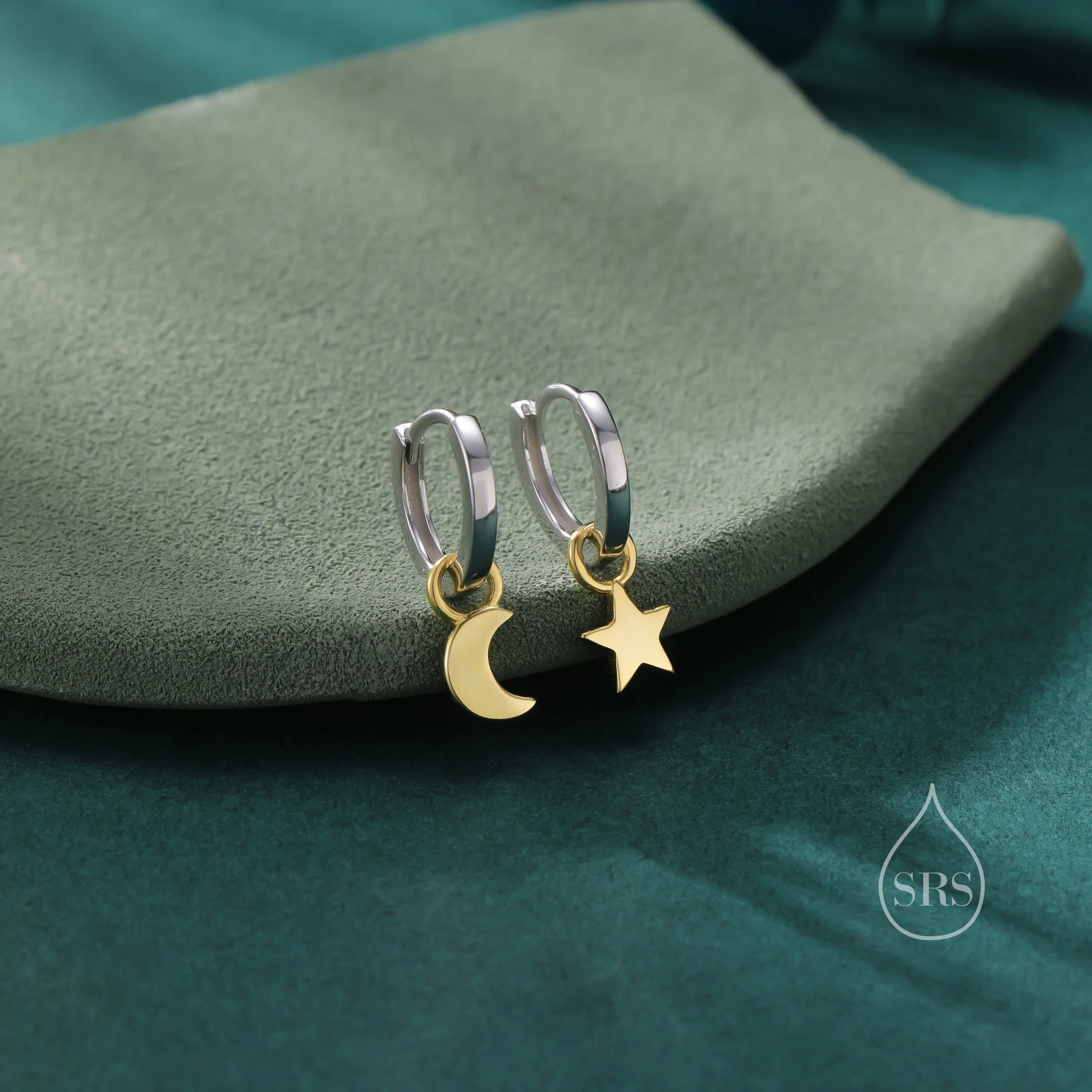 Moon and Star Charm Huggie Hoop Earrings in Sterling Silver, Mixed Tone, Silver and Gold, Detachable Charm Hoops, Celestial Earrings - Image 7
