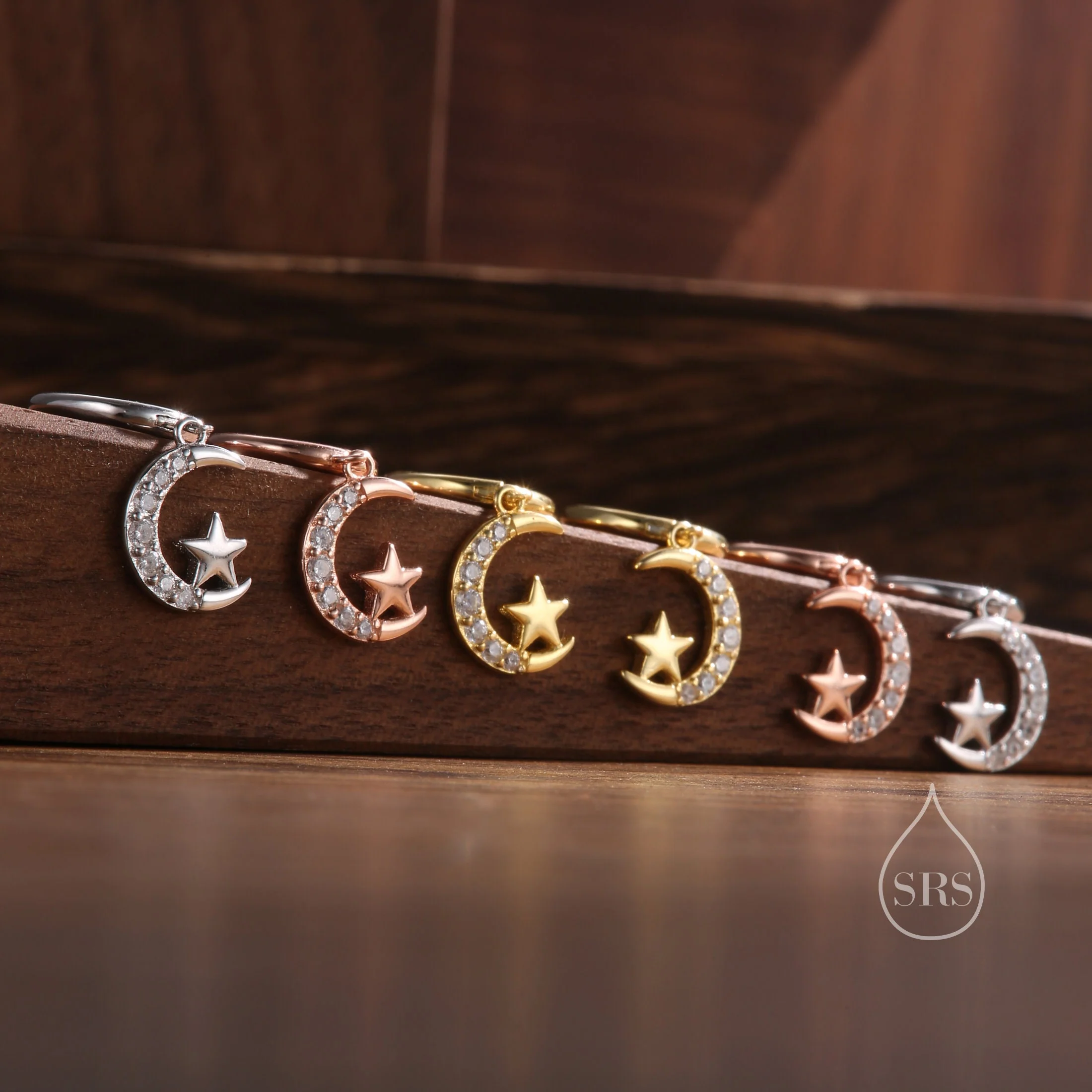 Moon and Star CZ Dangle Huggie Hoop Earrings in Sterling Silver, Silver or Gold or Rose Gold, CZ Moon and Star Hoops, Vintage Inspired - Image 5