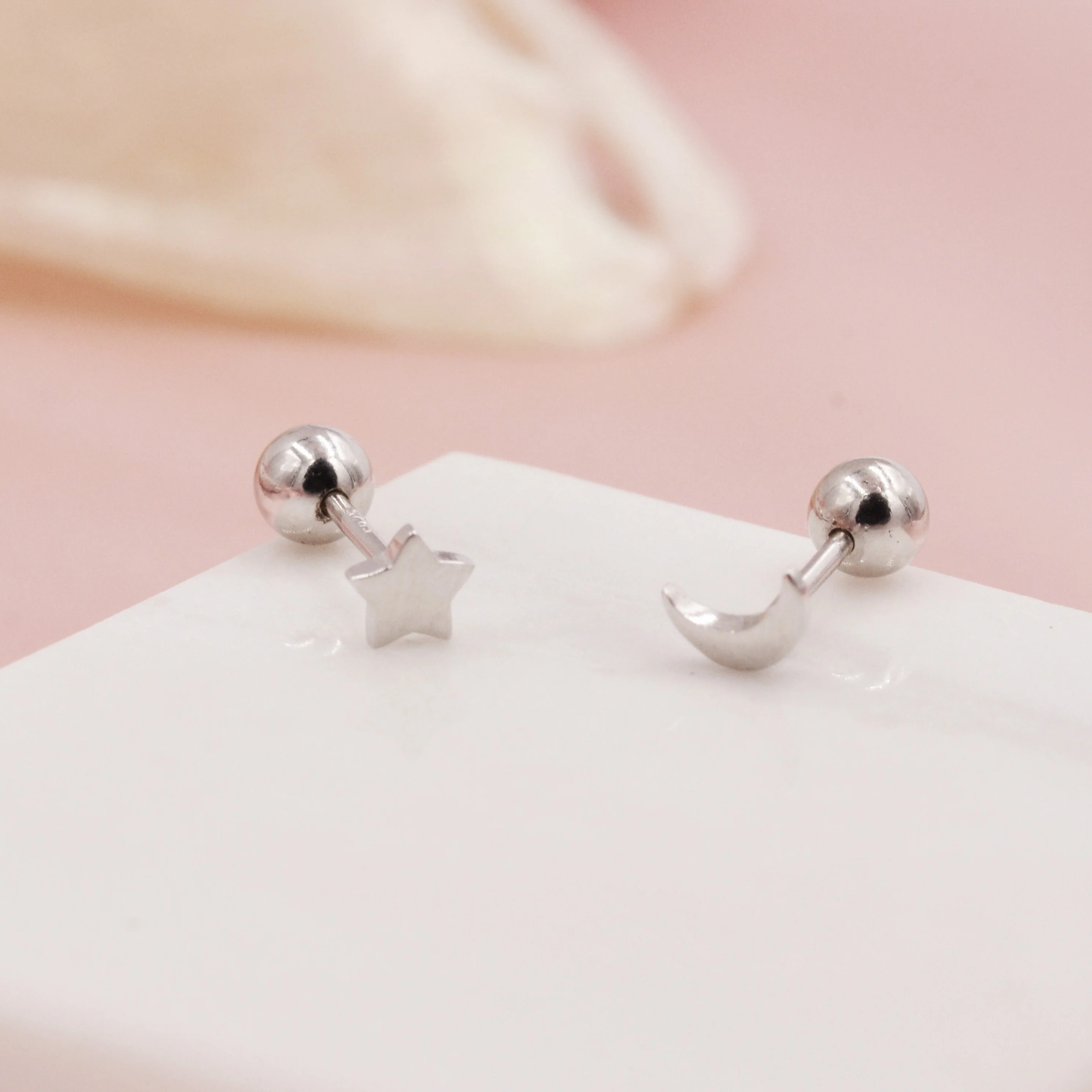 Asymmetric Tiny Moon and Star 18G Screw Back Earrings in Sterling Silver - Image 5