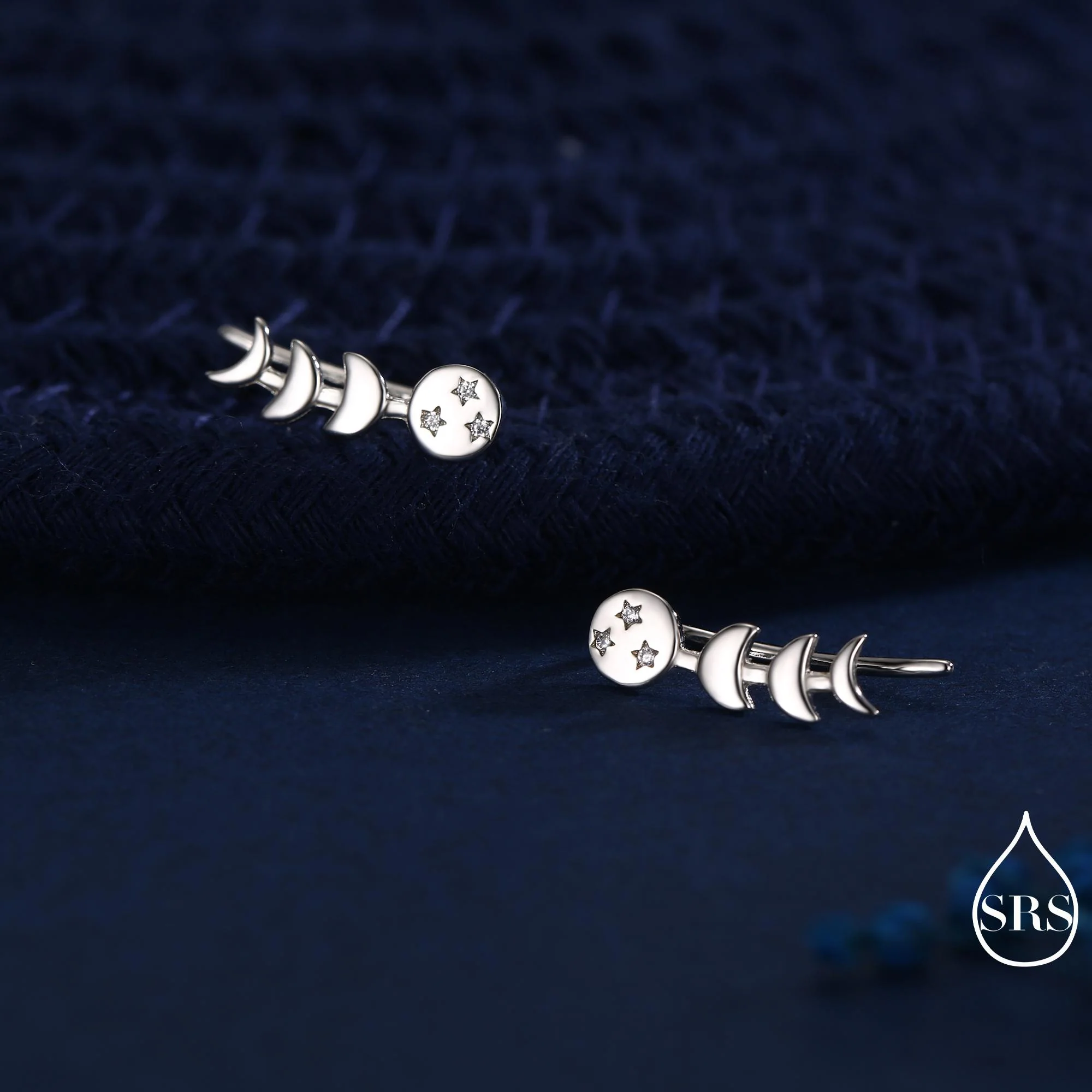 Moon Phase Crawler Earrings in Sterling Silver, Silver or Gold, Moon and Star Earrings, Ear Climbers, Celestial Earrings - Image 3