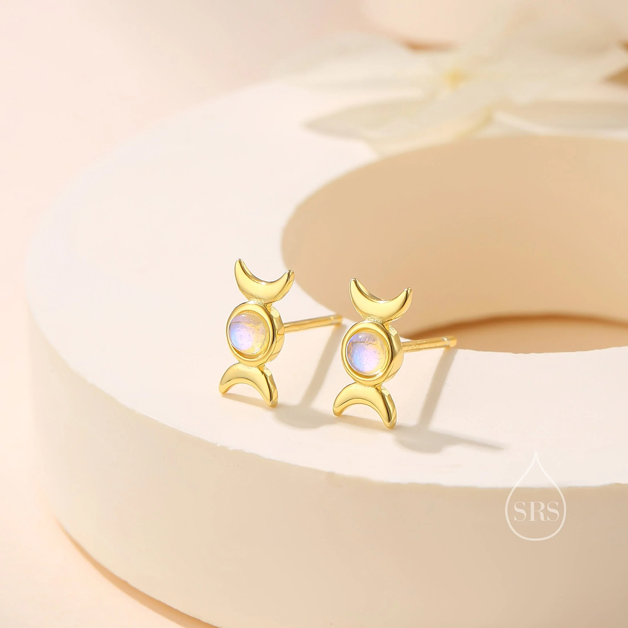 Moon Phase Moonstone Stud Earrings in Sterling Silver, Silver or Gold, Triple Moon Earrings, Moonstone Earrings, Triple Goddess Earrings - Image 4