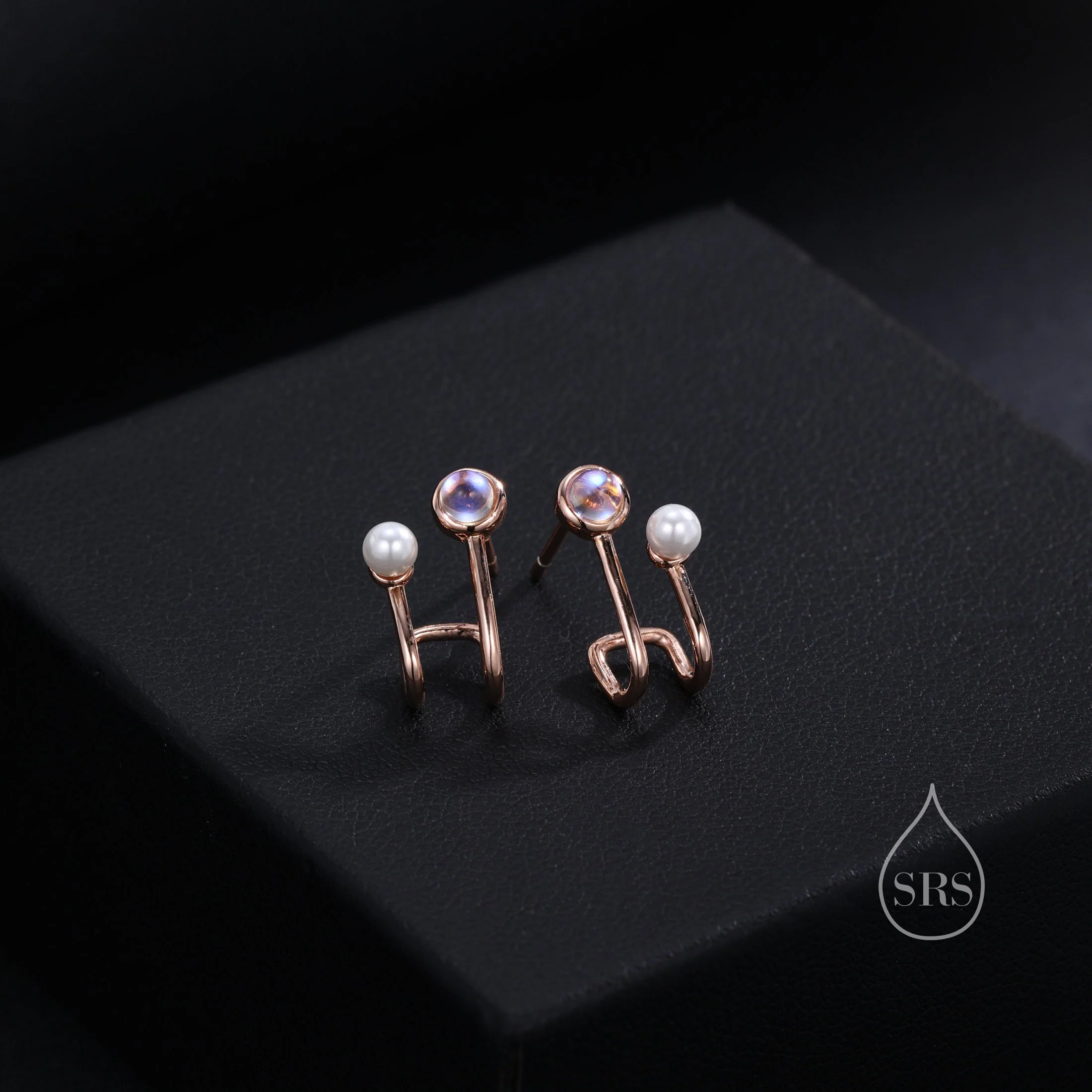 Moonstone and Pearl Stud Earrings in Sterling Silver, Single Piercing Earrings, Silver or Gold or Rose Gold, Double Layer Earrings - Image 5