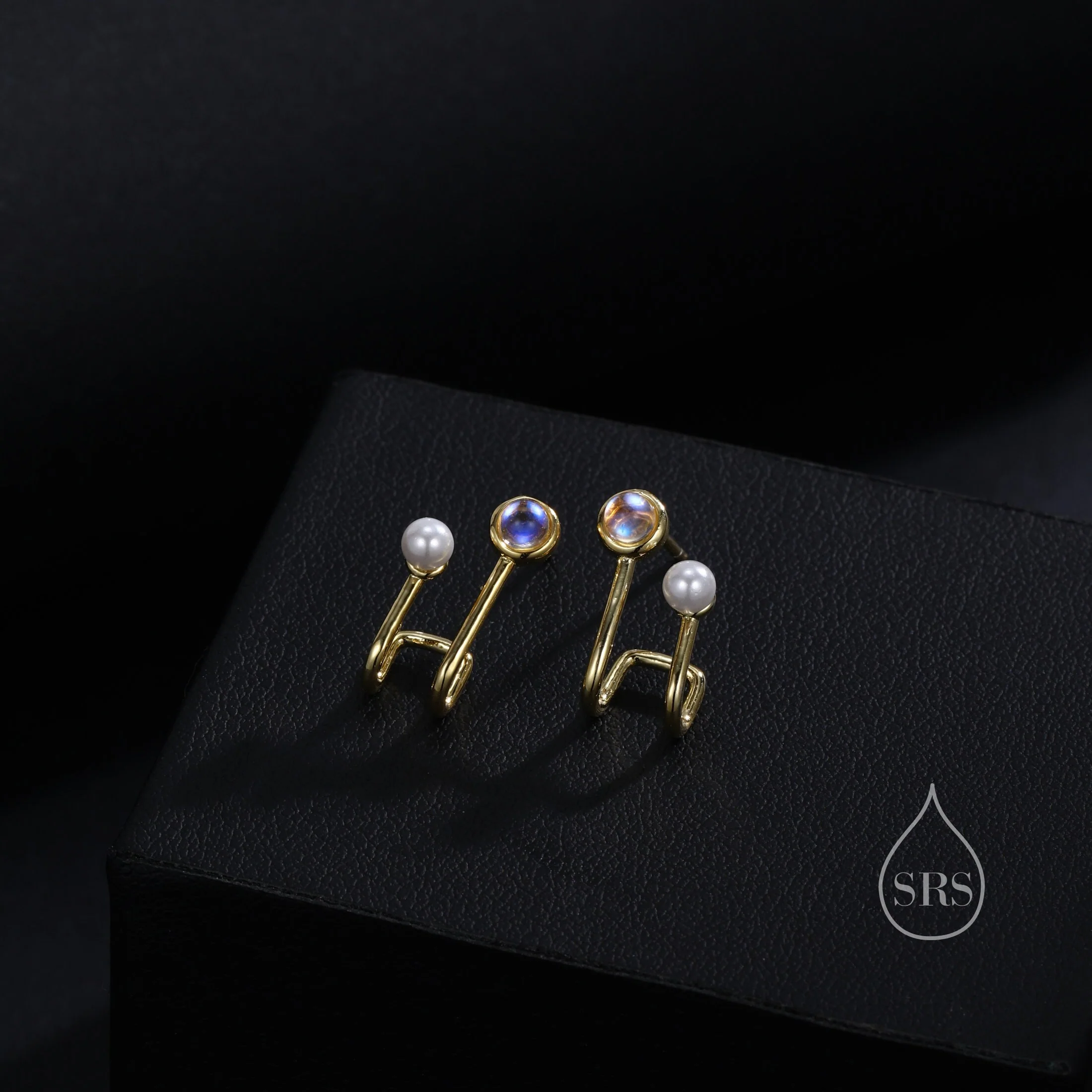 Moonstone and Pearl Stud Earrings in Sterling Silver, Single Piercing Earrings, Silver or Gold or Rose Gold, Double Layer Earrings - Image 7