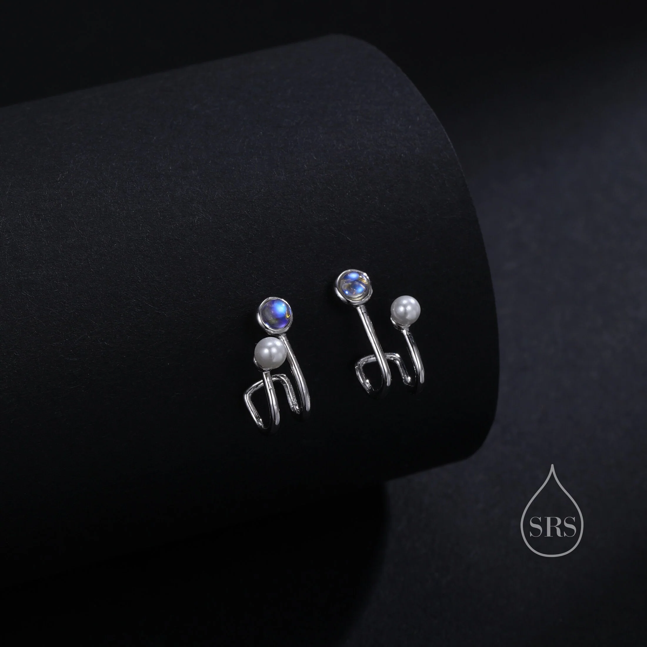 Moonstone and Pearl Stud Earrings in Sterling Silver, Single Piercing Earrings, Silver or Gold or Rose Gold, Double Layer Earrings - Image 8