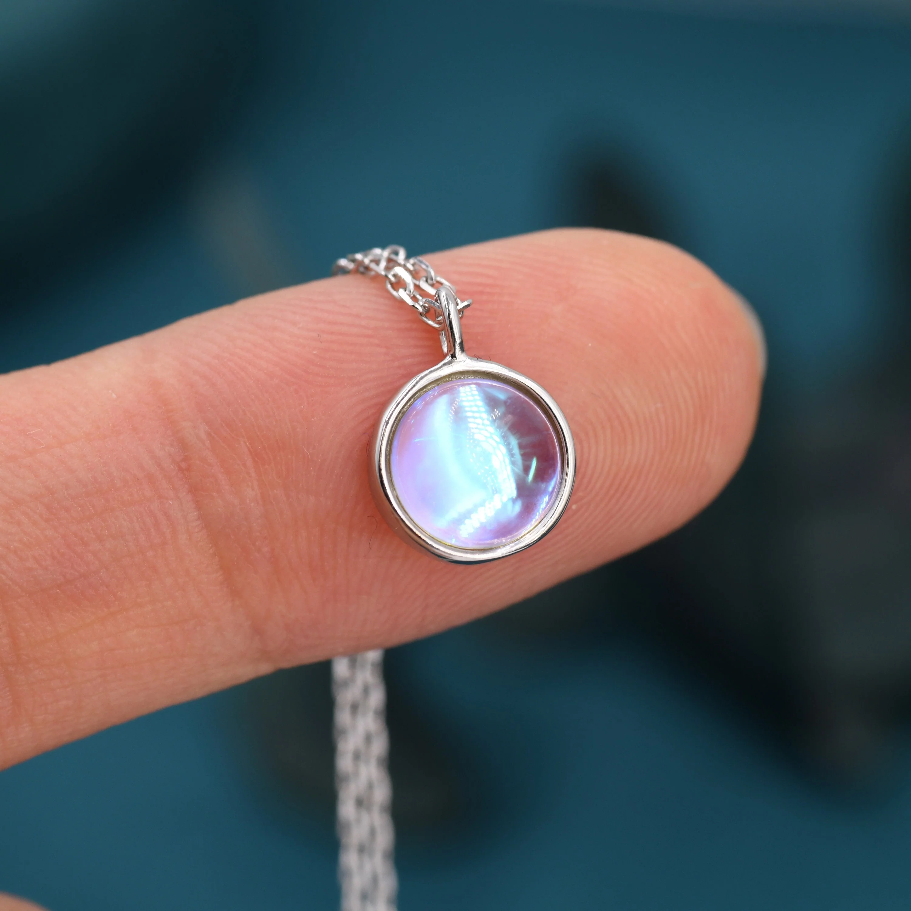 Moonstone Coin Pendant Necklace in Sterling Silver, Round Moonstone Necklace, Circle Shape Moonstone Necklace, Aurora Crystal, AB Crystal - Image 6
