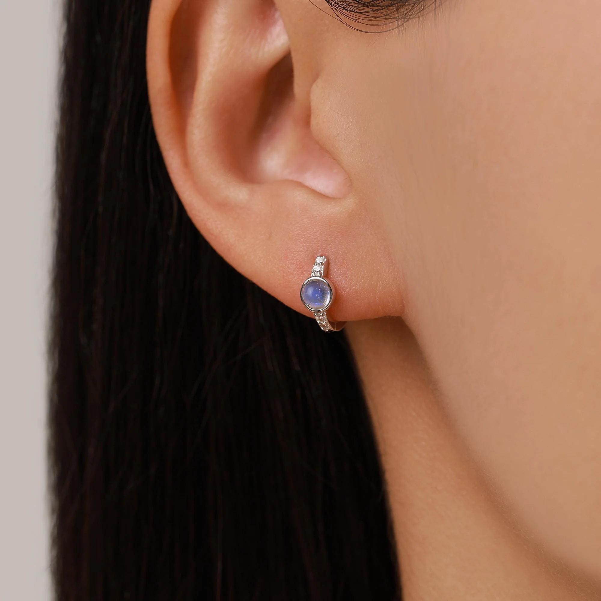 Moonstone CZ Huggie Hoop Earrings in Sterling Silver - Image 2
