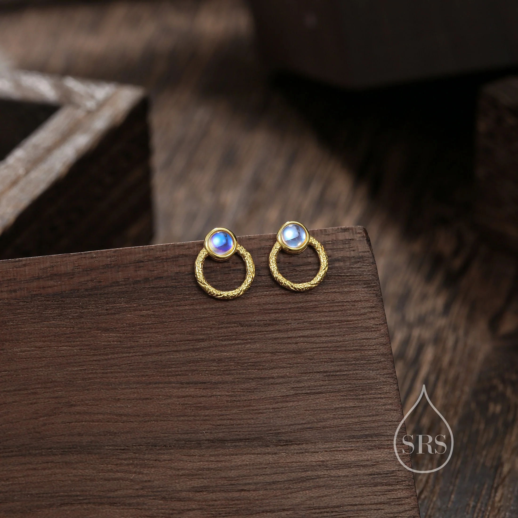 Moonstone Double Circle Stud Earrings in Sterling Silver, Silver or Gold or Rose Gold, Lab Moonstone Earrings, Double Circle Stud - Image 2