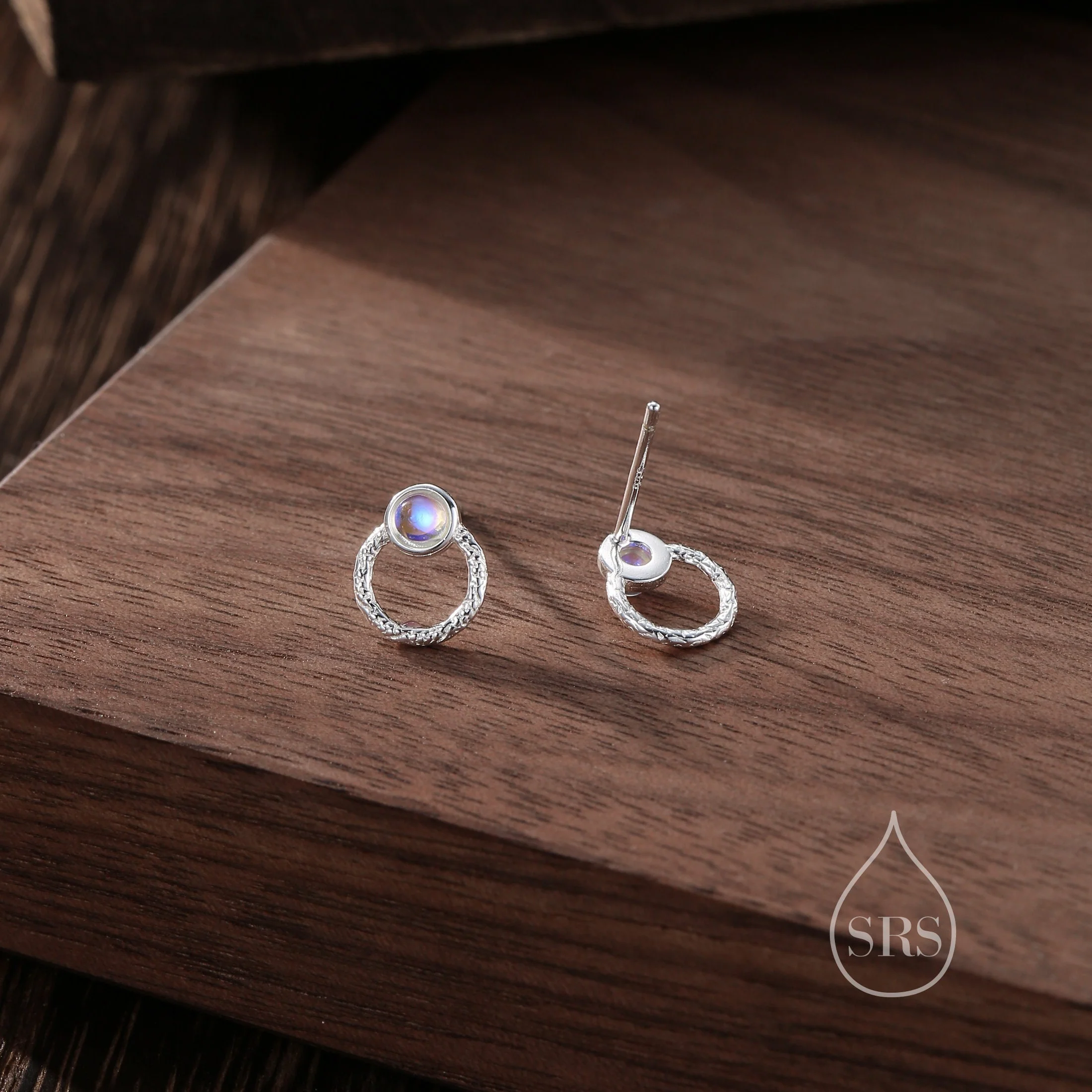 Moonstone Double Circle Stud Earrings in Sterling Silver, Silver or Gold or Rose Gold, Lab Moonstone Earrings, Double Circle Stud - Image 3