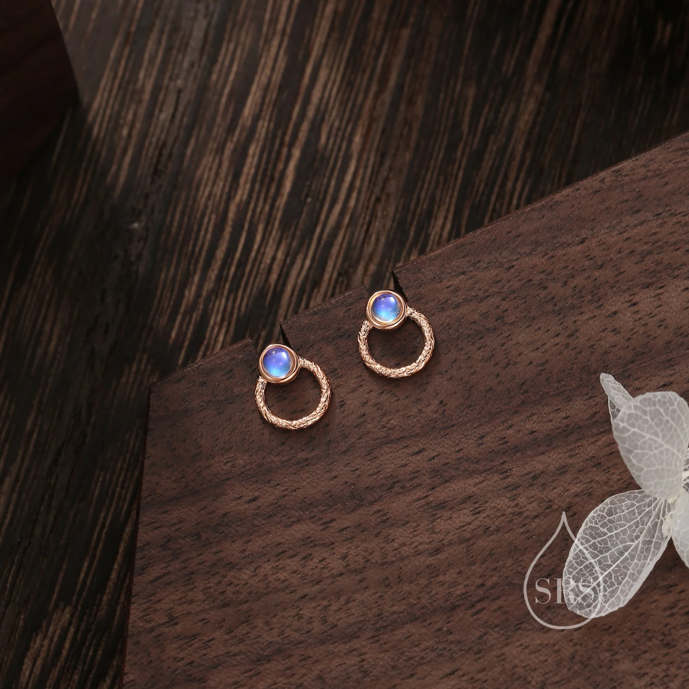 Moonstone Double Circle Stud Earrings in Sterling Silver, Silver or Gold or Rose Gold, Lab Moonstone Earrings, Double Circle Stud - Image 4