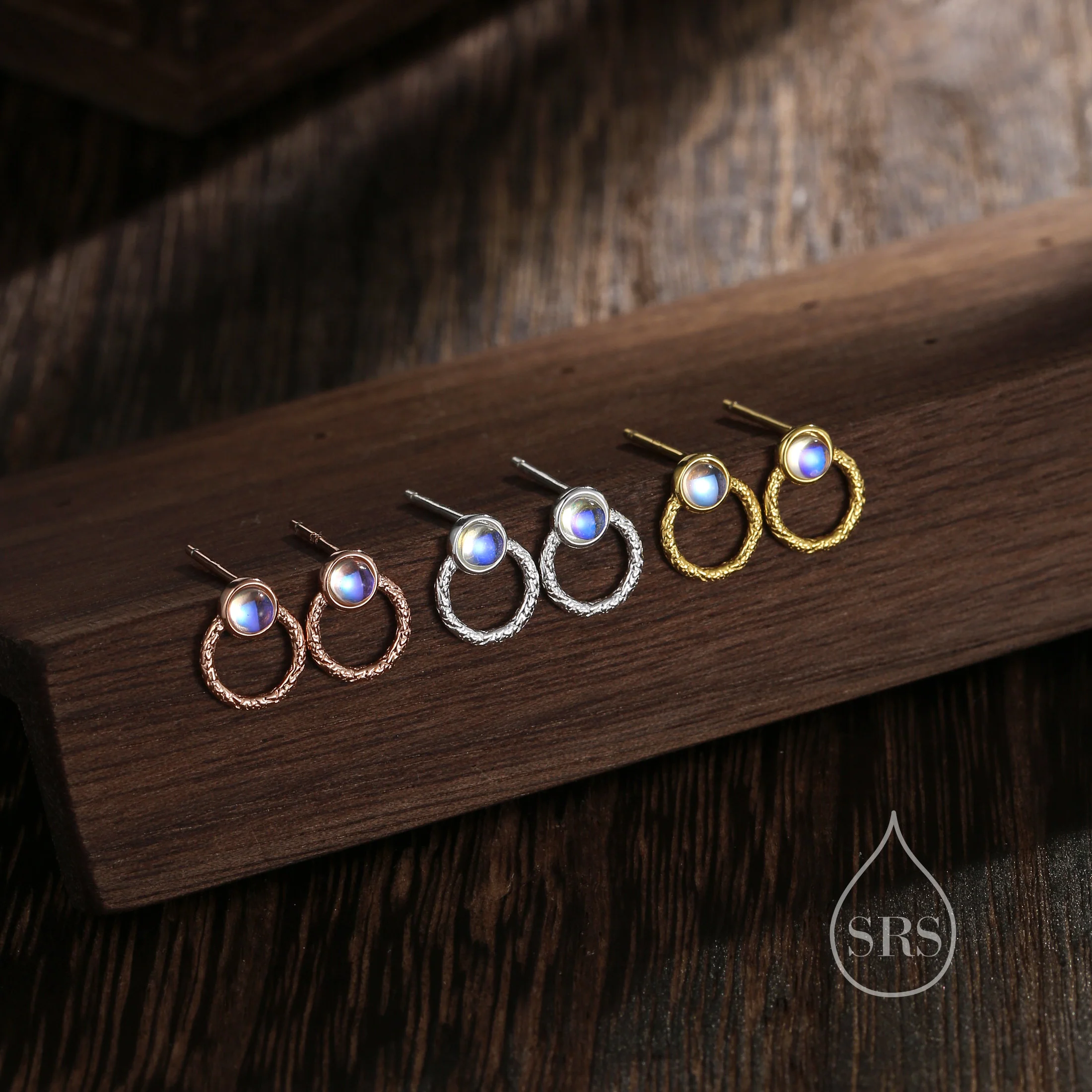 Moonstone Double Circle Stud Earrings in Sterling Silver, Silver or Gold or Rose Gold, Lab Moonstone Earrings, Double Circle Stud - Image 5