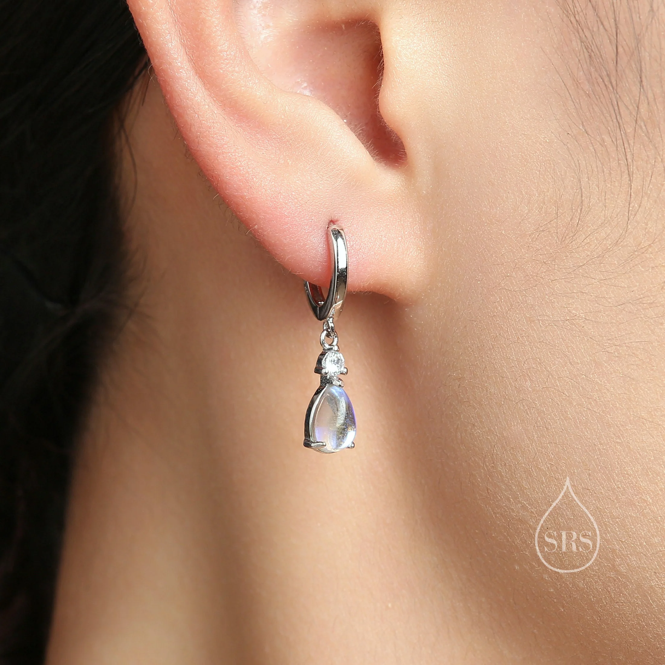 Moonstone Droplet and CZ Huggie Hoop Earrings in Sterling Silver, Simulated Moonstone Hoops, Silver or Gold - Image 5