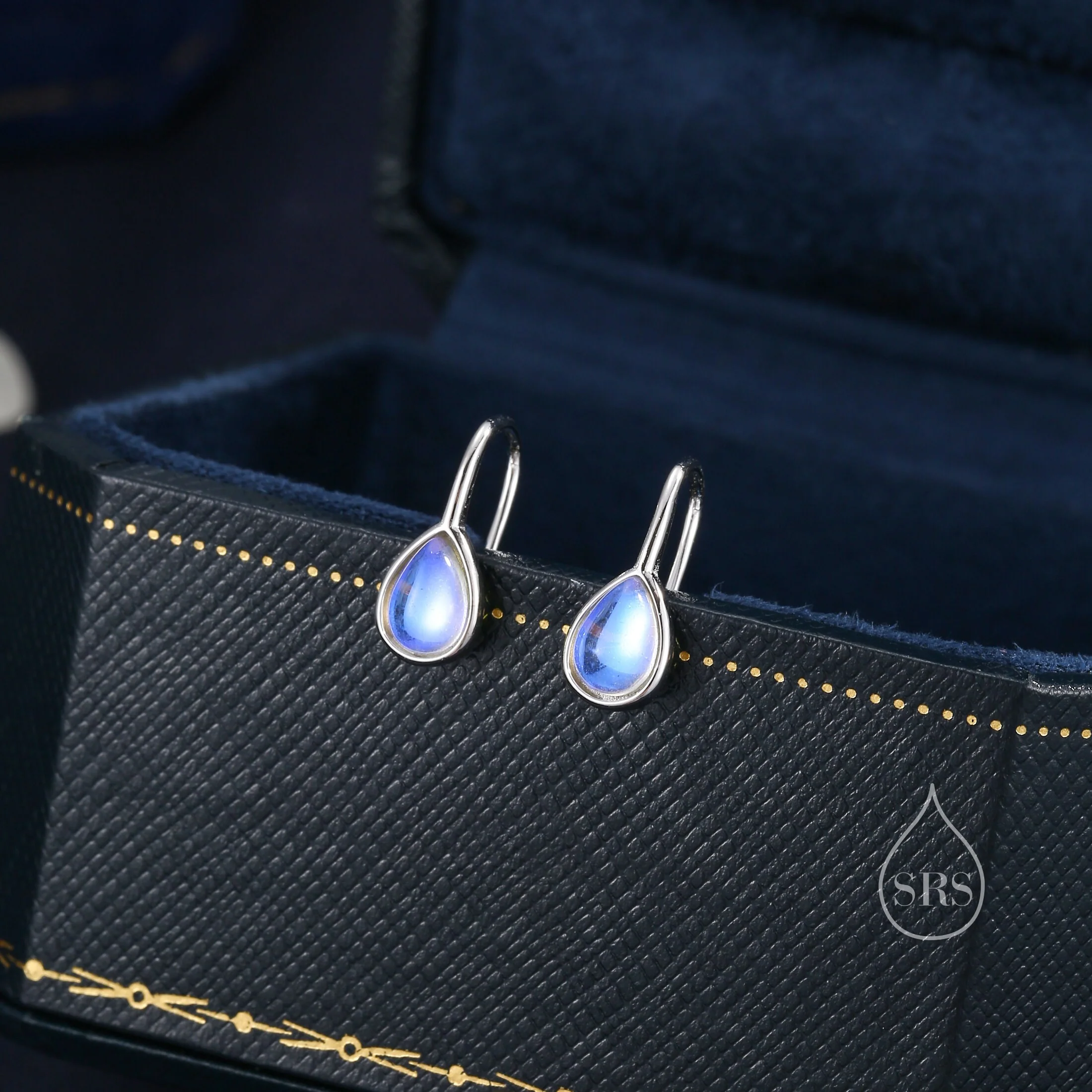 Moonstone Droplet Drop Hook Earrings in Sterling Silver, Droplet Opal Drop Earrings, Pear Shape Lab Moonstone Earrings, Moonstone Earrings - Image 7