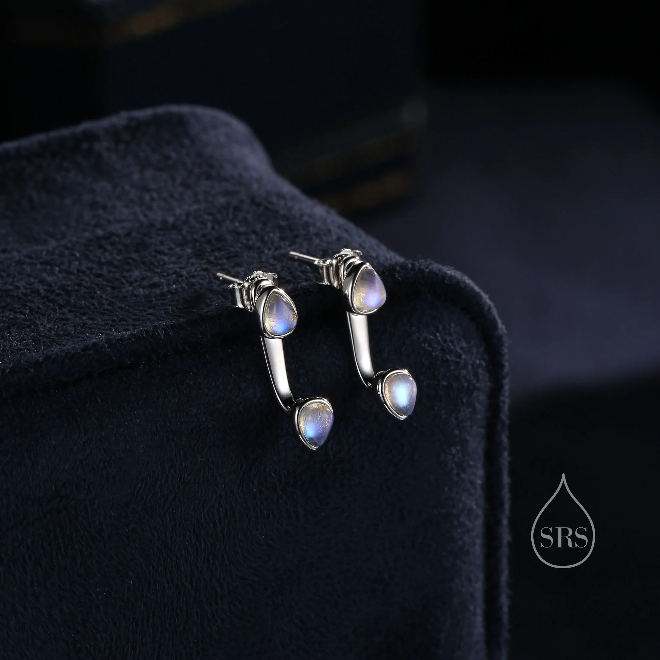 Moonstone Droplet Ear Jacket in Sterling Silver, Silver or Gold, Lab Moonstone Pear Bezel Earrings, Front and Back Earrings - Image 5