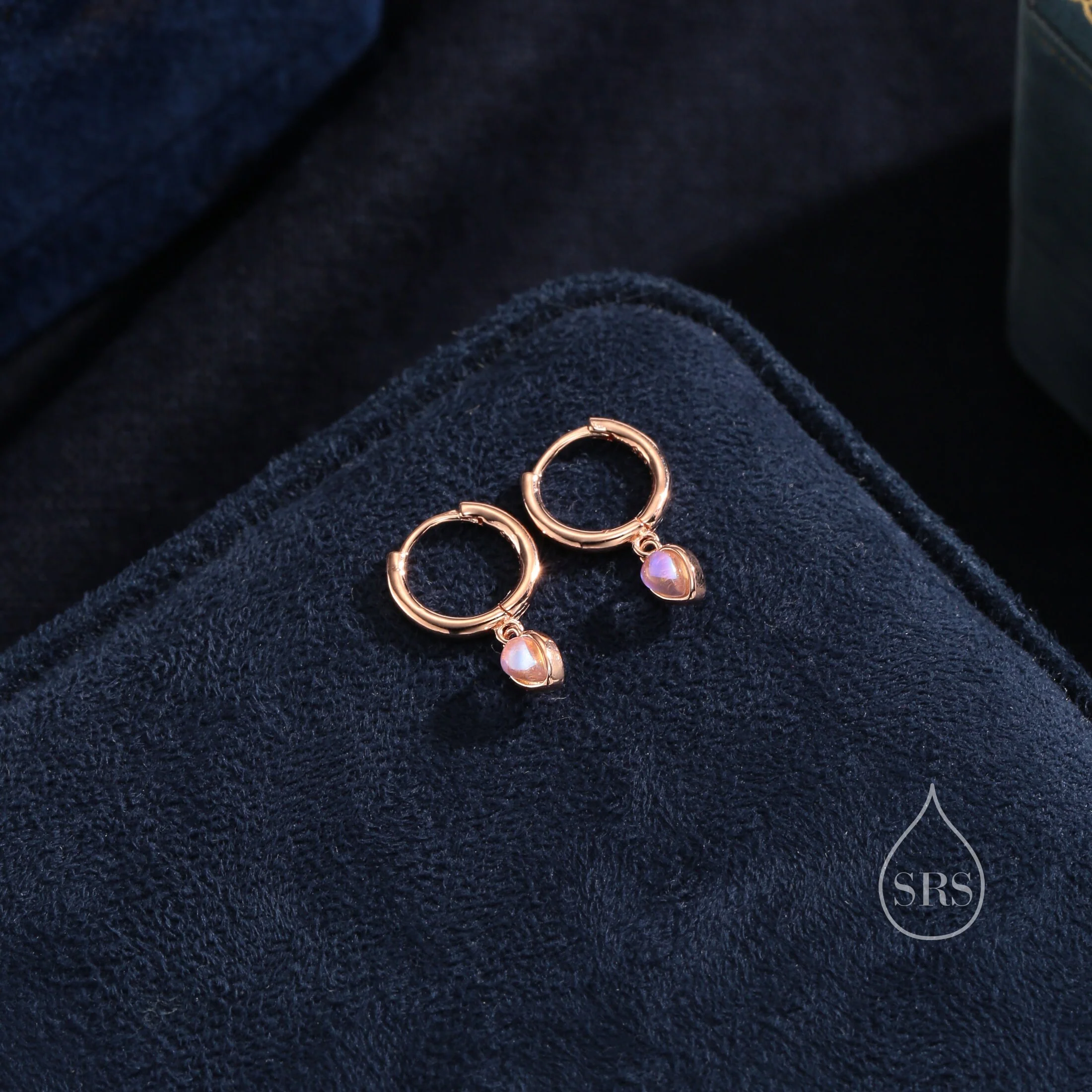 Moonstone Droplet Huggie Hoop Earrings in Sterling Silver, Simulated Moonstone Hoops, Silver or Gold, Minimal Lab Moonstone Earrings - Image 5
