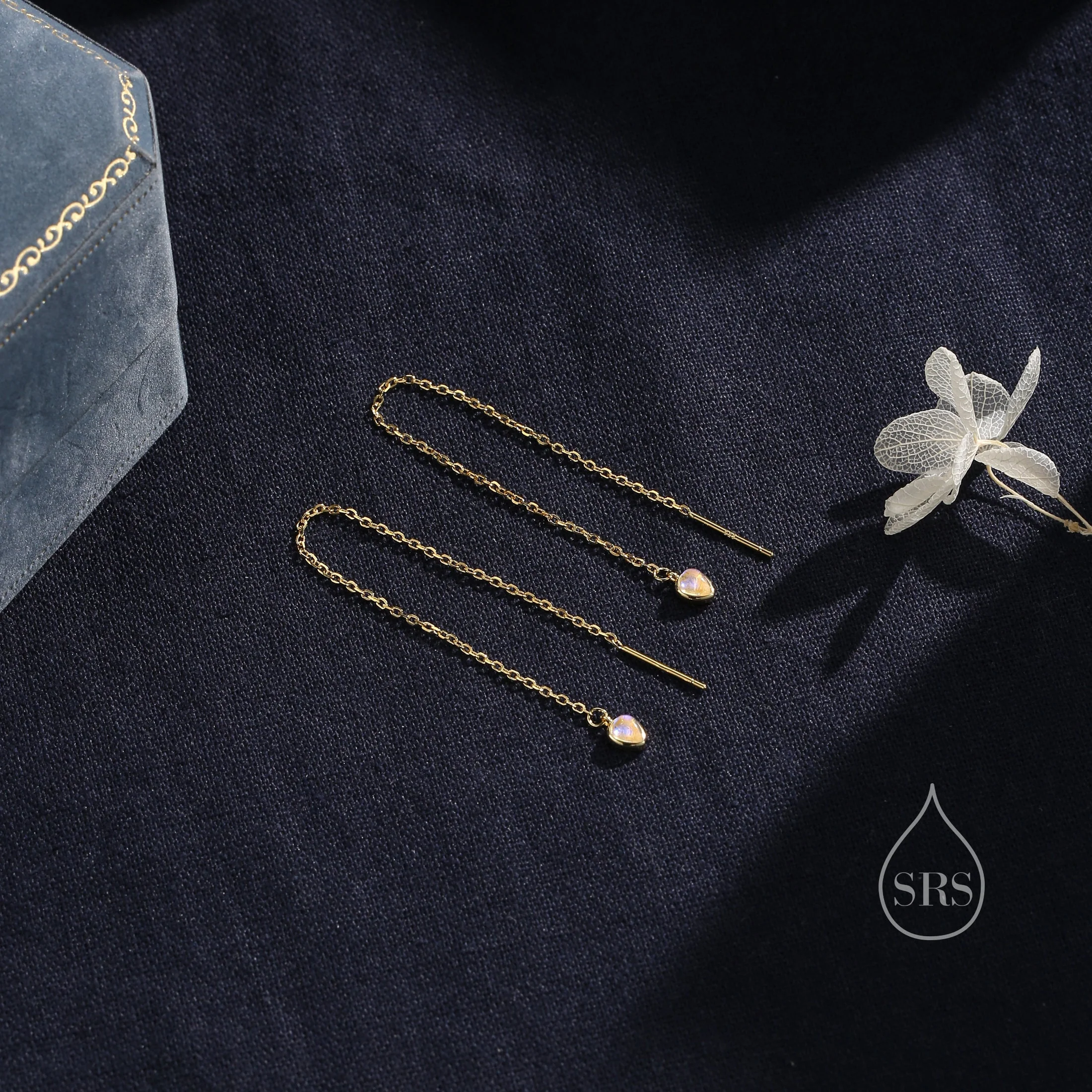 Moonstone Droplet Long Threader Earrings in Sterling Silver, 3x4mm Lab Moonstone Pear Shape Ear Threaders, Silver or Gold or Rosegold - Image 6