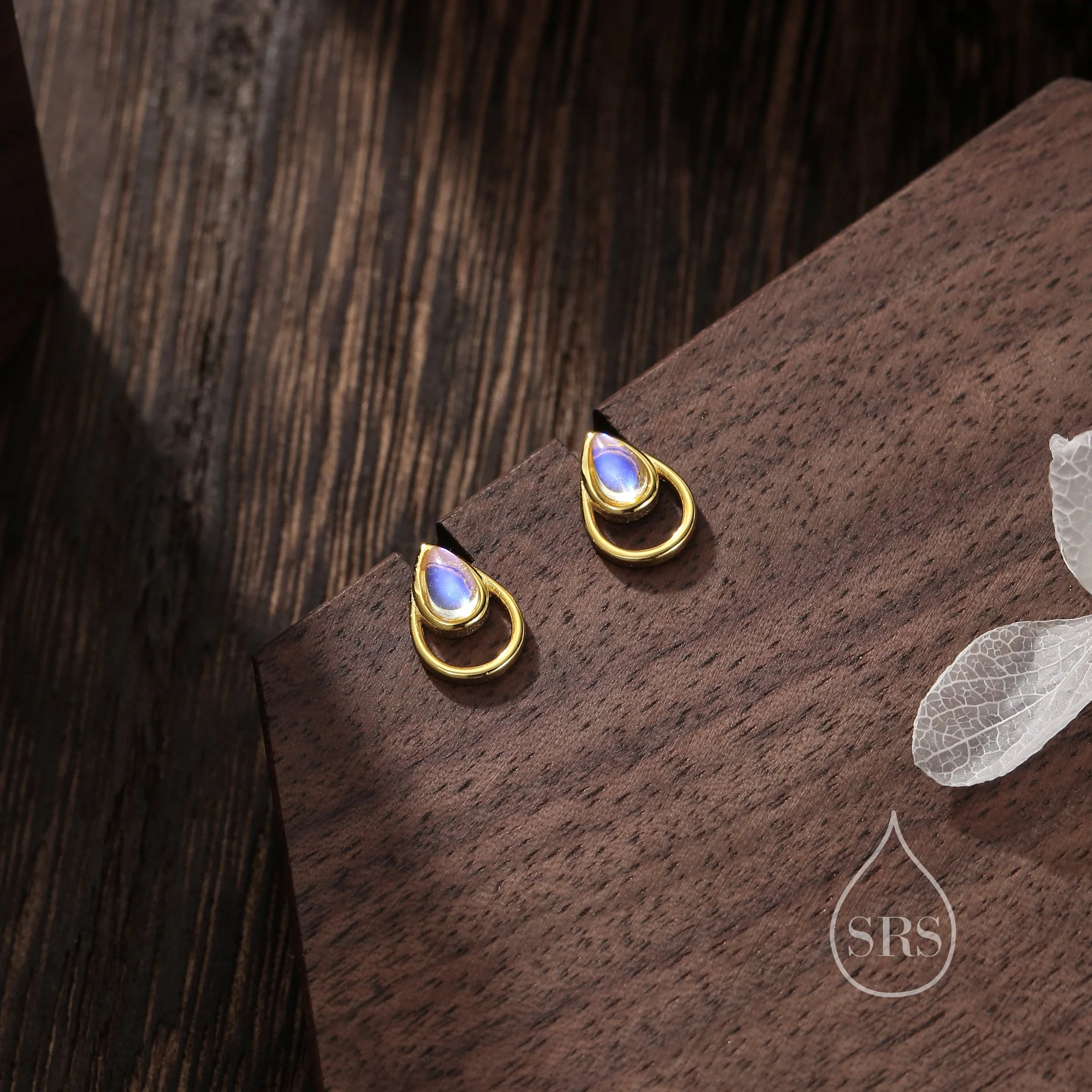 Moonstone Droplet Stud Earrings in Sterling Silver, Silver or Gold, Lab Moonstone Earrings, Double Droplet Stud, Pear Moonstone - Image 2