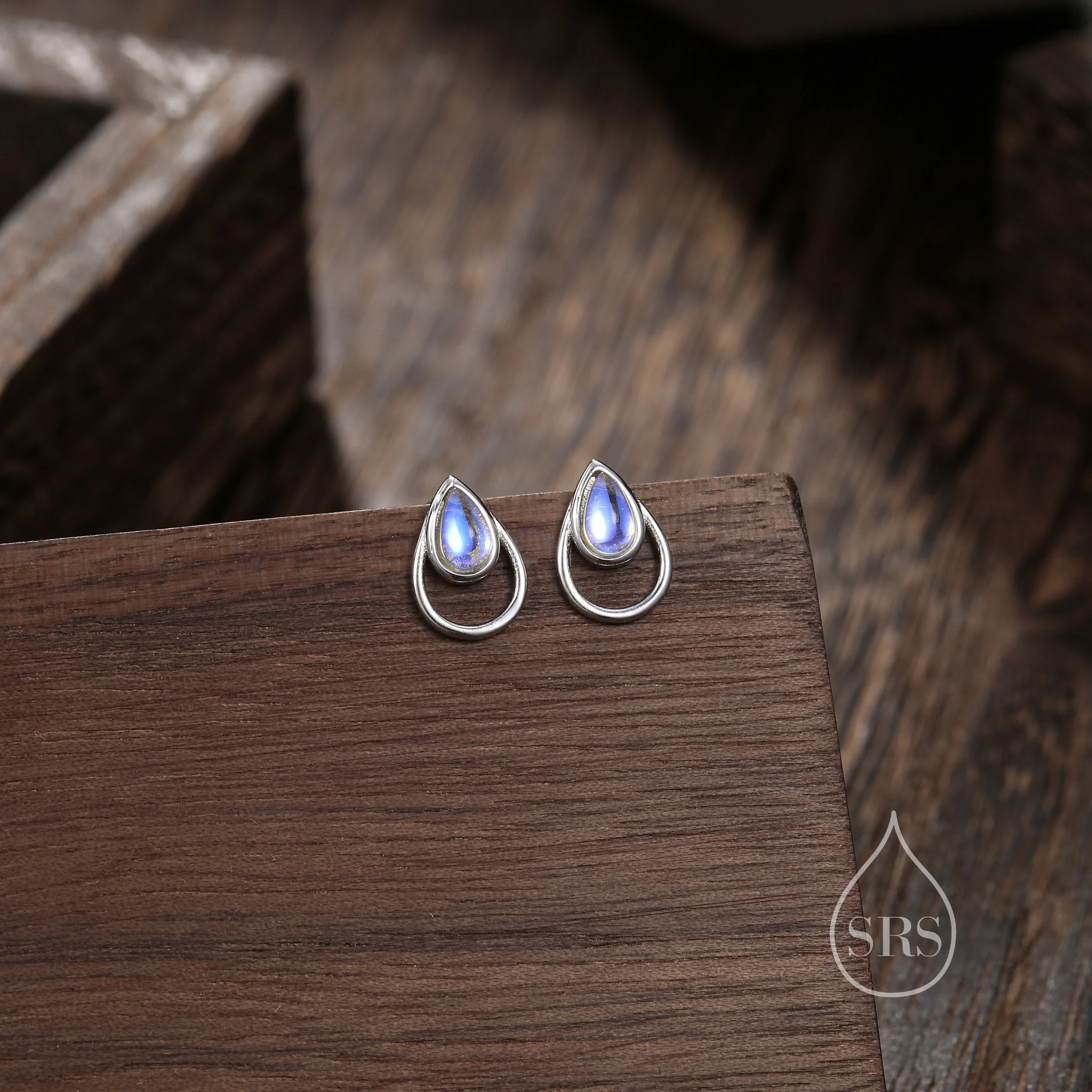 Moonstone Droplet Stud Earrings in Sterling Silver, Silver or Gold, Lab Moonstone Earrings, Double Droplet Stud, Pear Moonstone - Image 3