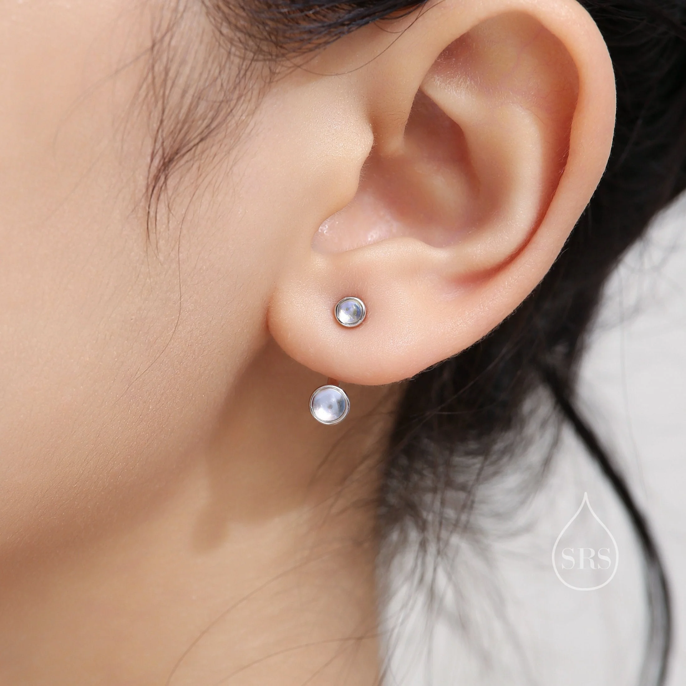Moonstone Ear Jacket in Sterling Silver, Silver or Gold, Lab Moonstone Bezel Earrings, Front and Back Earrings