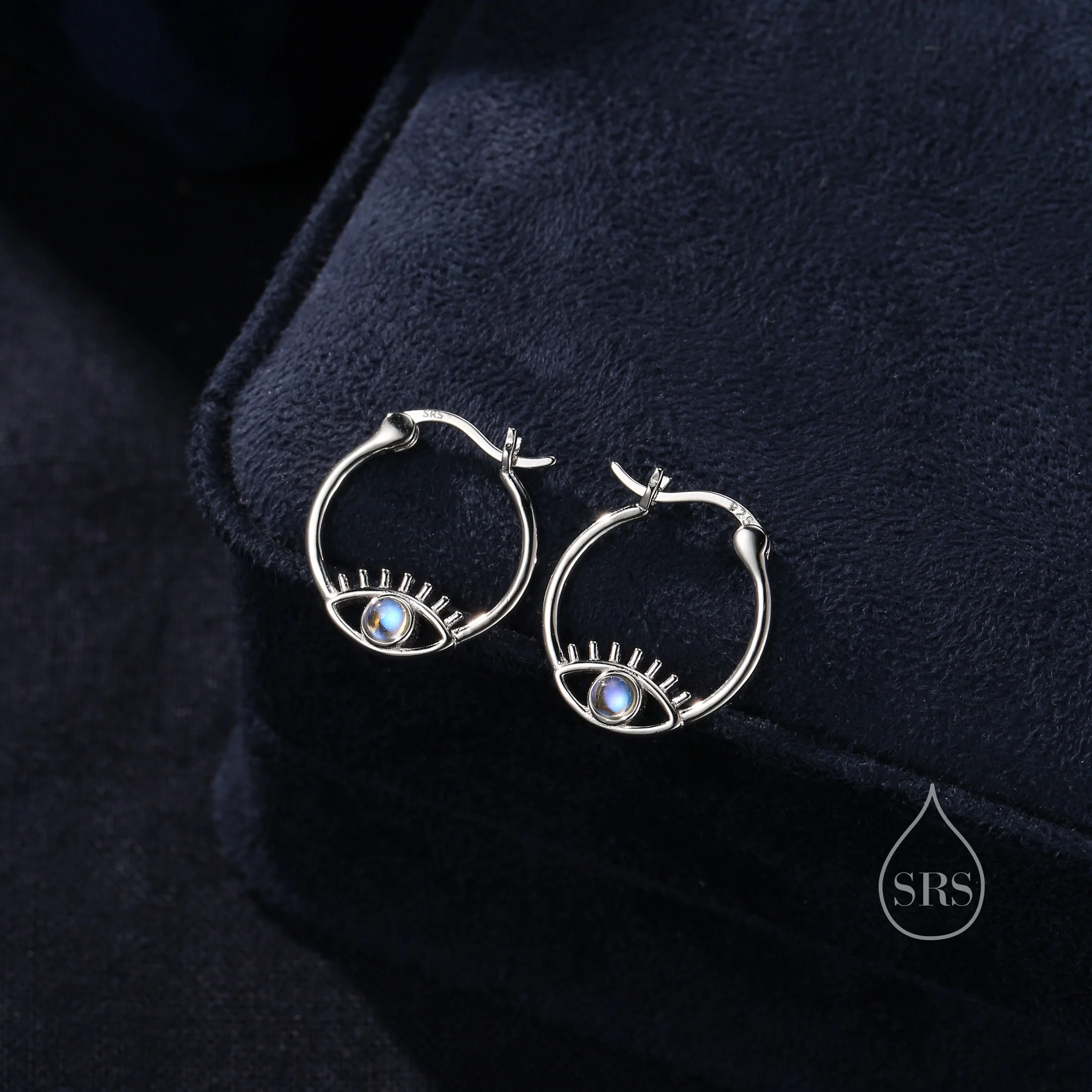 Moonstone Eye Hoop Earrings in Sterling Silver, Silver or Gold Evil Eye Hoops, Simulated Moonstone, Evil Eye Earrings, Eye Earrings