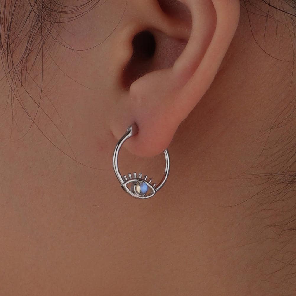 Moonstone Eye Hoop Earrings in Sterling Silver, Silver or Gold Evil Eye Hoops, Simulated Moonstone, Evil Eye Earrings, Eye Earrings - Image 3
