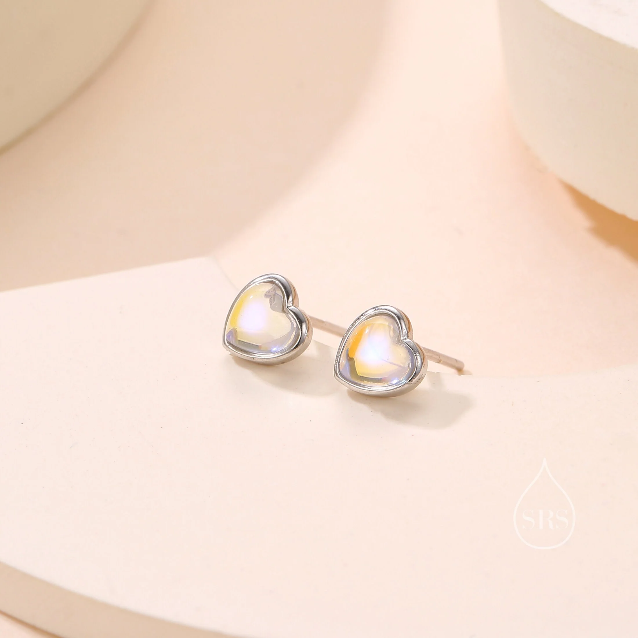 Moonstone Heart Stud Earrings in Sterling Silver, Opal Heart Earrings, Silver or Gold,  Heart Earrings, Moonstone Earrings - Image 3