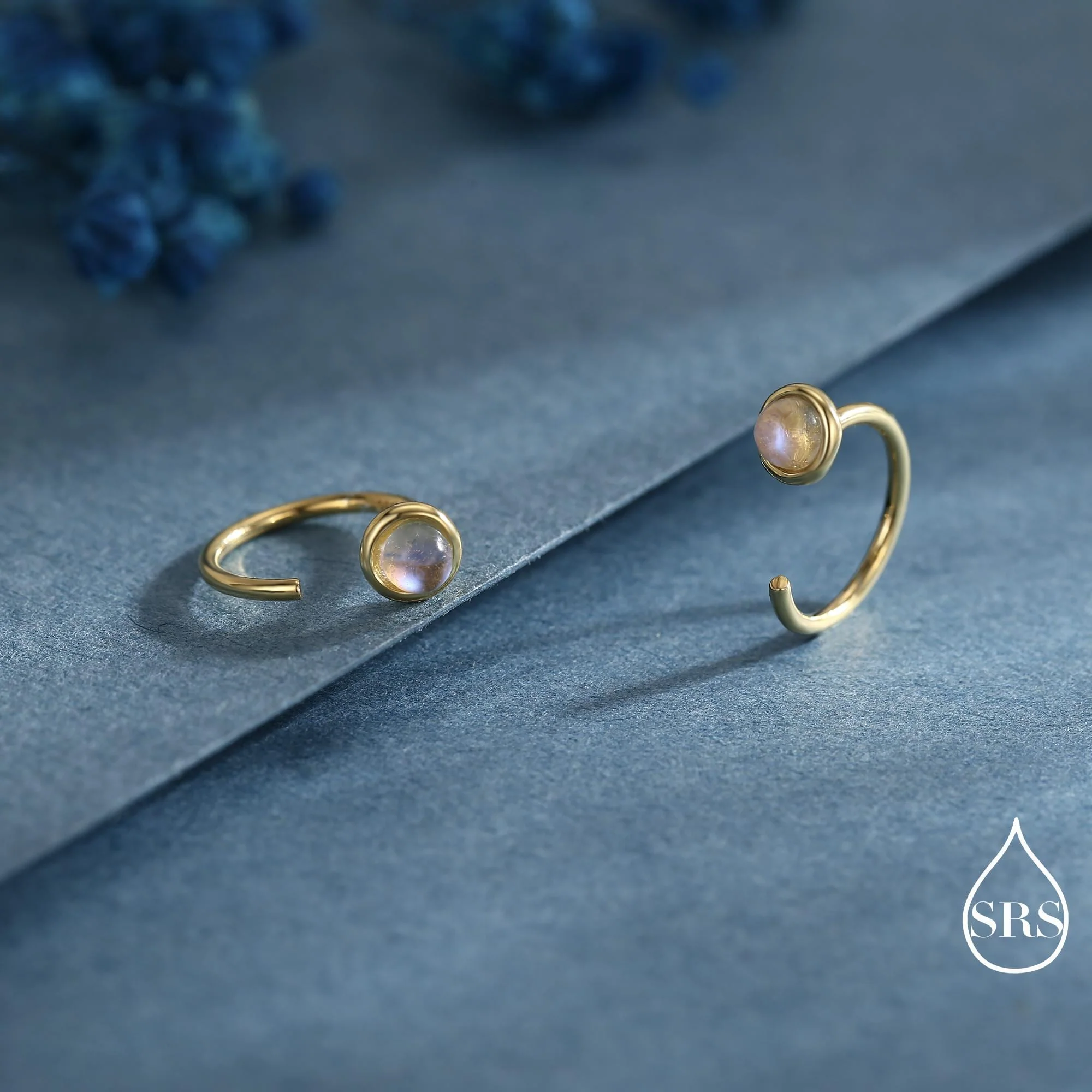 Moonstone Huggie Hoop Earrings in Sterling Silver, Silver or Gold, Tiny Moonstone Open Hoops, Pull Through Threaders, Half Hoops, C Shape - Image 10
