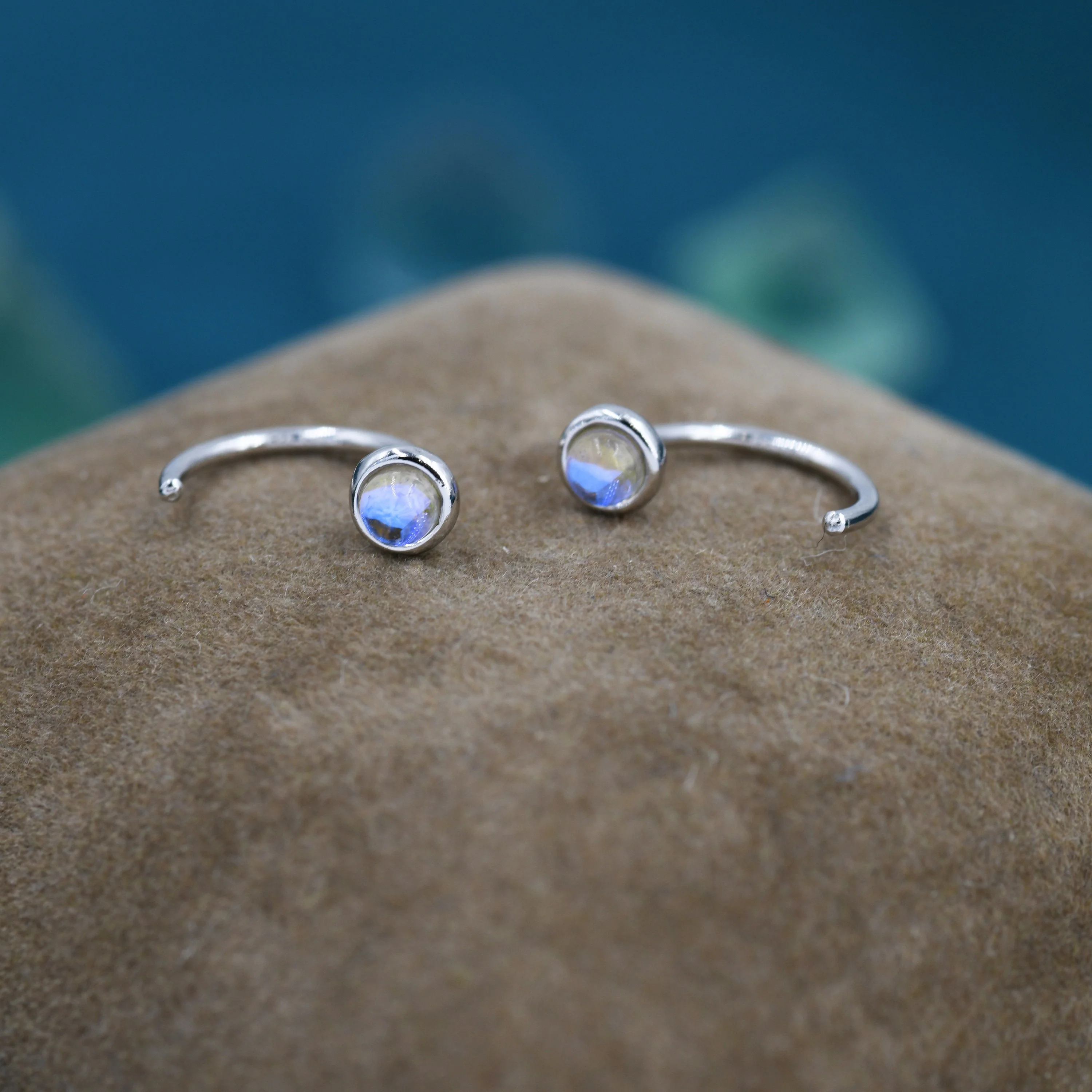 Moonstone Huggie Hoop Earrings in Sterling Silver, Silver or Gold, Tiny Moonstone Open Hoops, Pull Through Threaders, Half Hoops, C Shape - Image 2