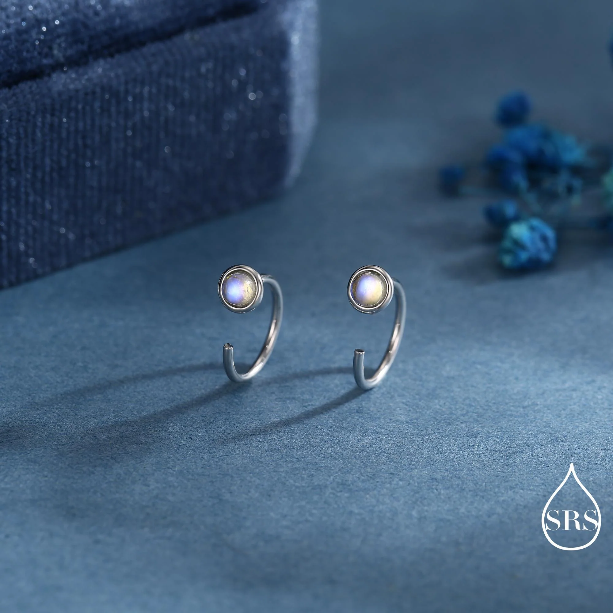 Moonstone Huggie Hoop Earrings in Sterling Silver, Silver or Gold, Tiny Moonstone Open Hoops, Pull Through Threaders, Half Hoops, C Shape - Image 7