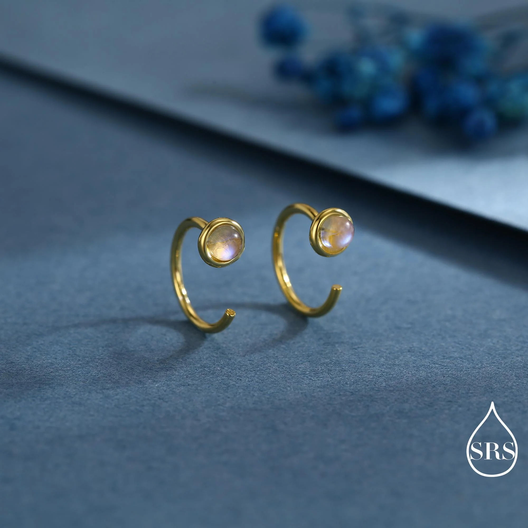 Moonstone Huggie Hoop Earrings in Sterling Silver, Silver or Gold, Tiny Moonstone Open Hoops, Pull Through Threaders, Half Hoops, C Shape - Image 9