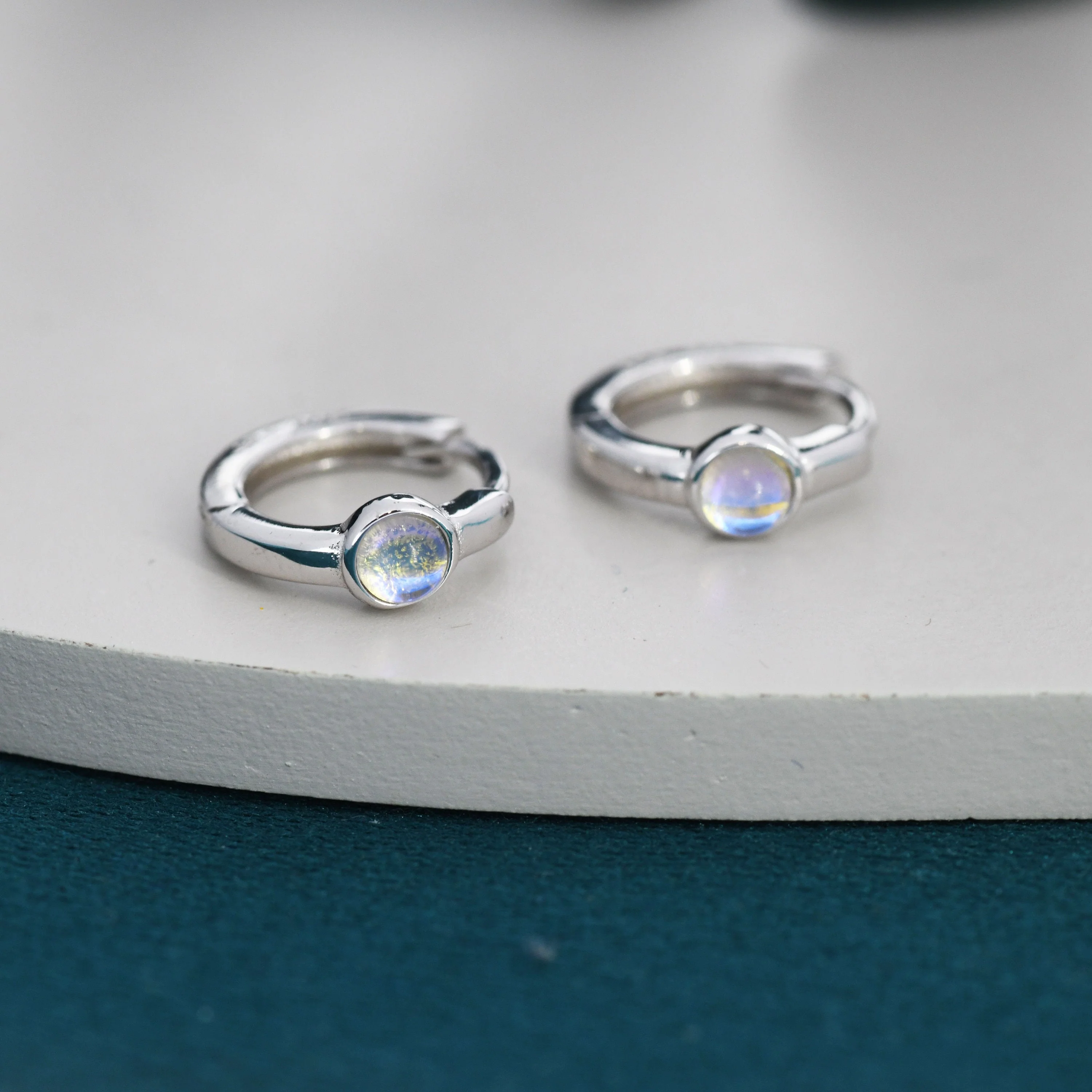 Moonstone Huggie Hoop Earrings in Sterling Silver, Tiny Moonstone Hoops, Moonstone Hoops, Simulated Moonstone Hoops - Image 4