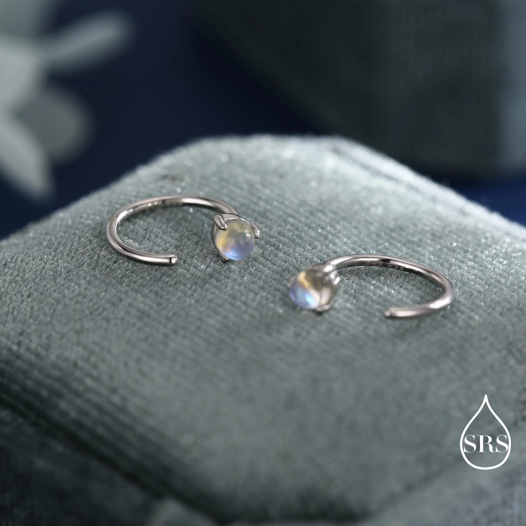 Moonstone Huggie Hoop Earrings in Sterling Silver, Tiny Moonstone Open Hoops, Pull Through Threaders, Half Hoops, C Shape Hoops - Image 4