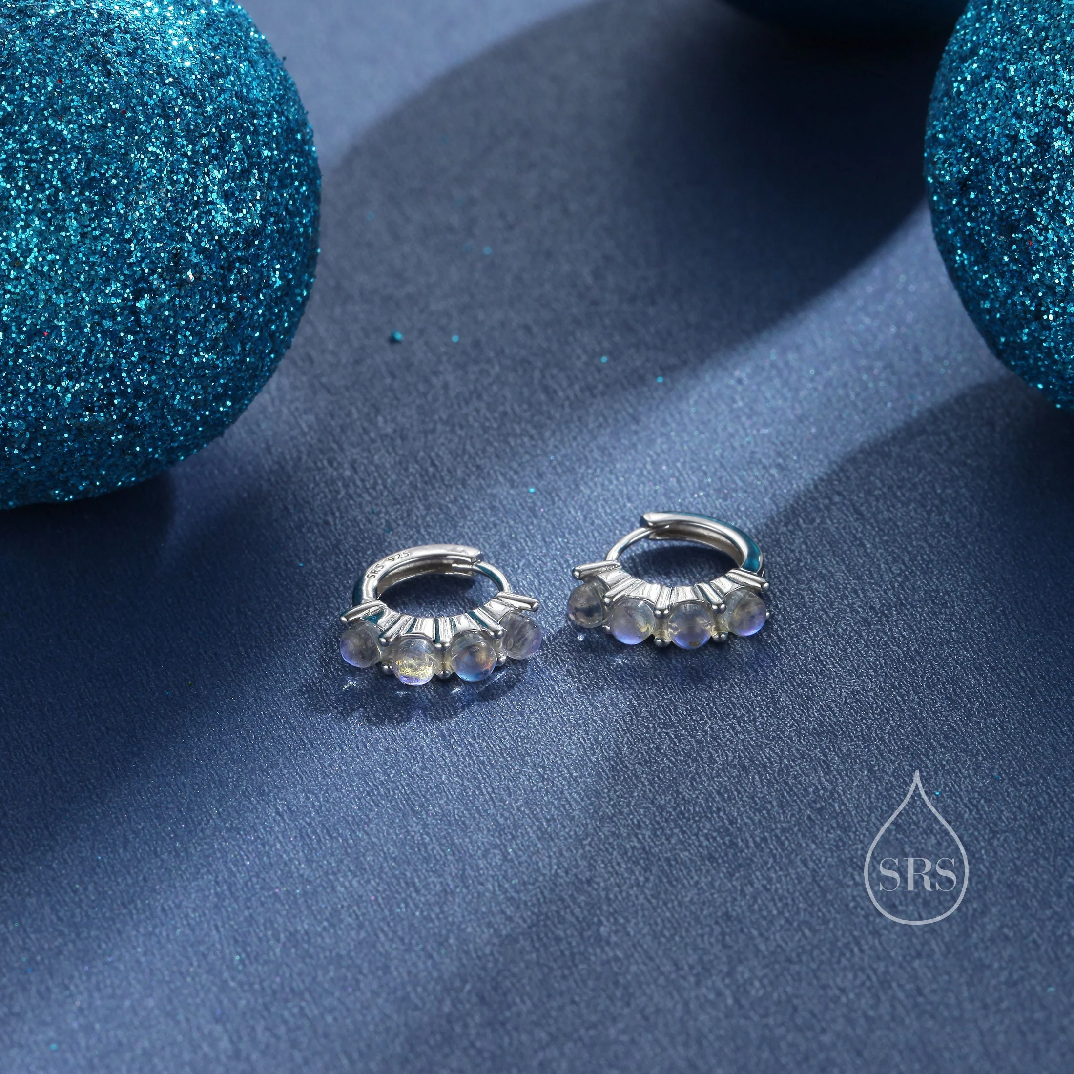 Moonstone Huggie Hoops in Sterling Silver, 8mm Moonstone Hoops, Silver or Gold, Dainty Lab Moonstone Hoops Earrings, Simulated Moonstones - Image 8