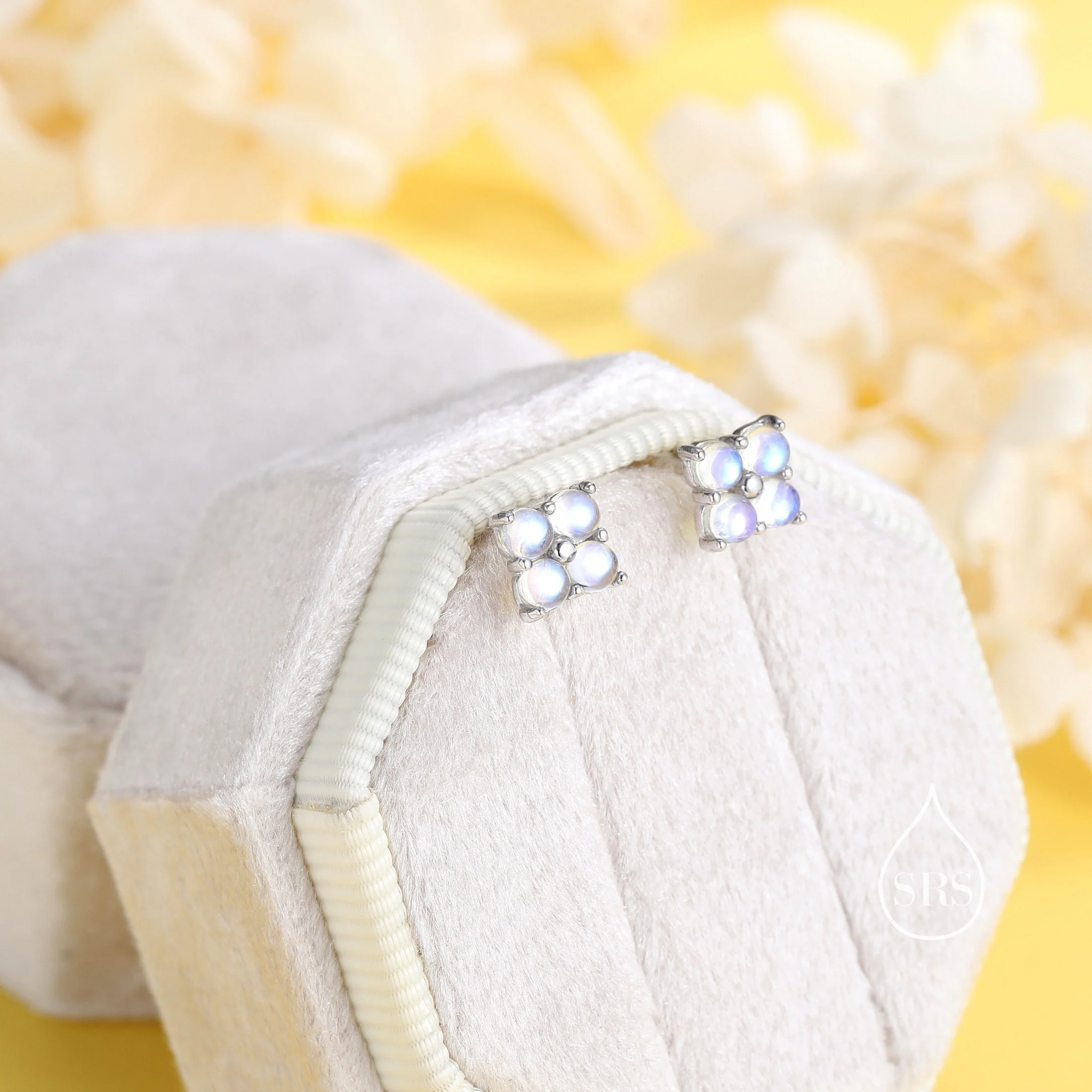 Moonstone Hydrangea Stud Earrings in Sterling Silver - Gold or Silver - Lab Moonstone Flower Earrings, Four Simulated Moonstone Stud - Image 2