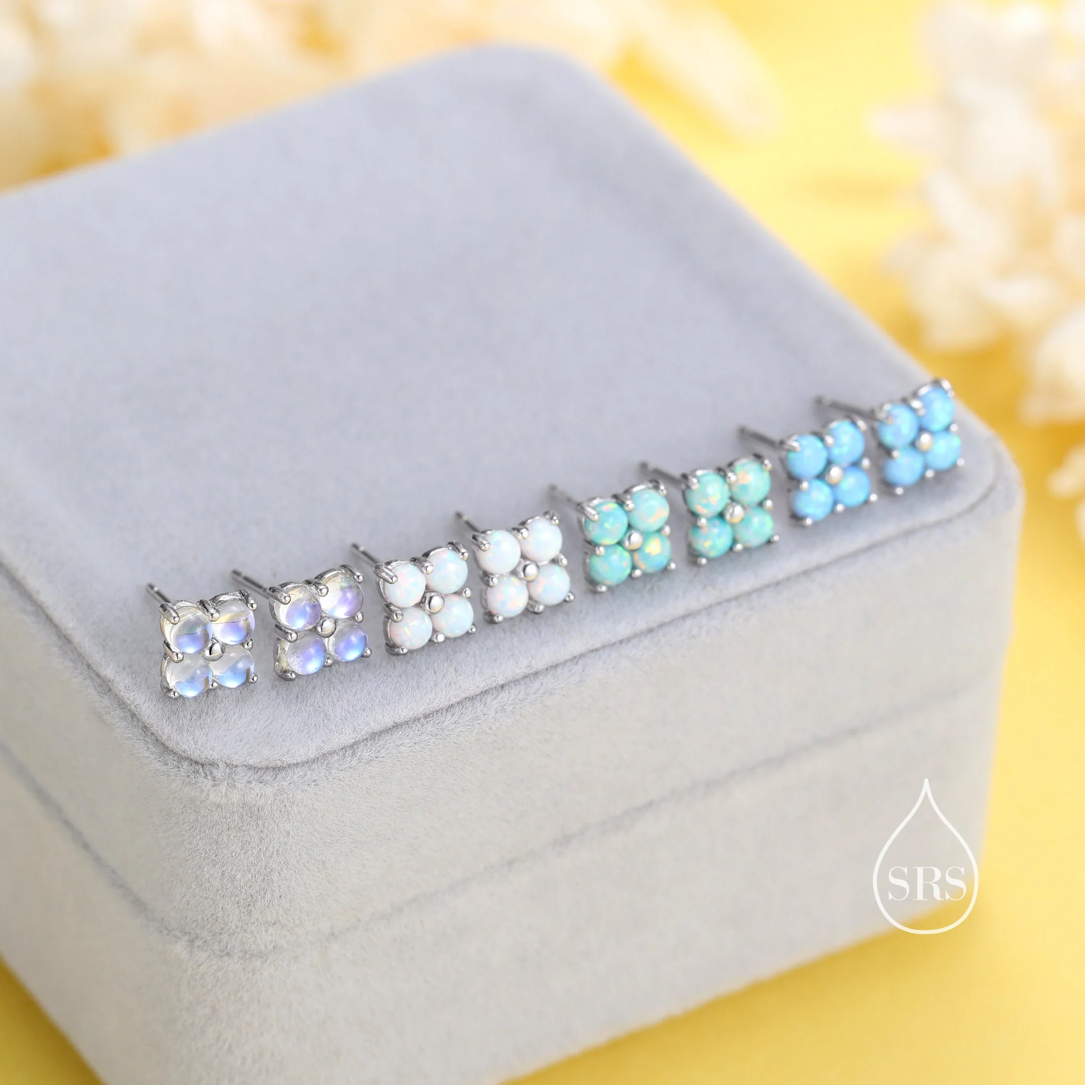 Moonstone Hydrangea Stud Earrings in Sterling Silver - Gold or Silver - Lab Moonstone Flower Earrings, Four Simulated Moonstone Stud - Image 8