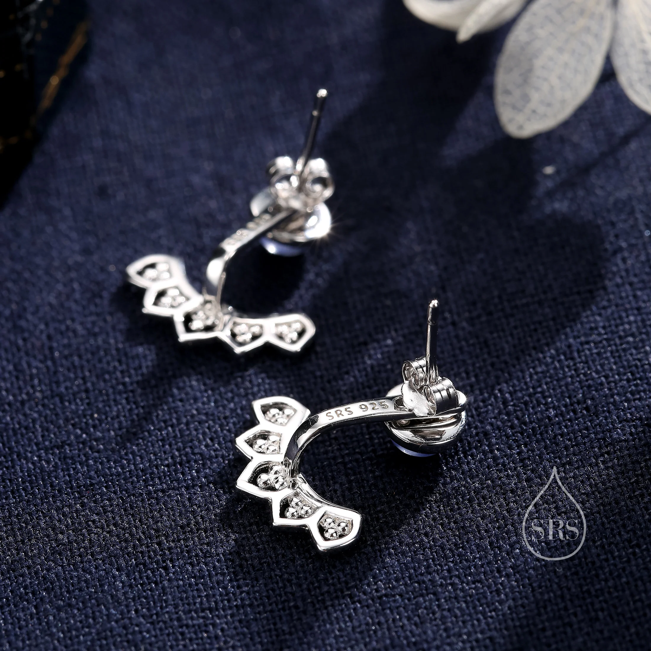 Moonstone Lotus Ear Jacket in Sterling Silver, Lab Moonstone Lotus Jacket Earrings in Sterling Silver, Silver or Gold, Front and Back - Image 2