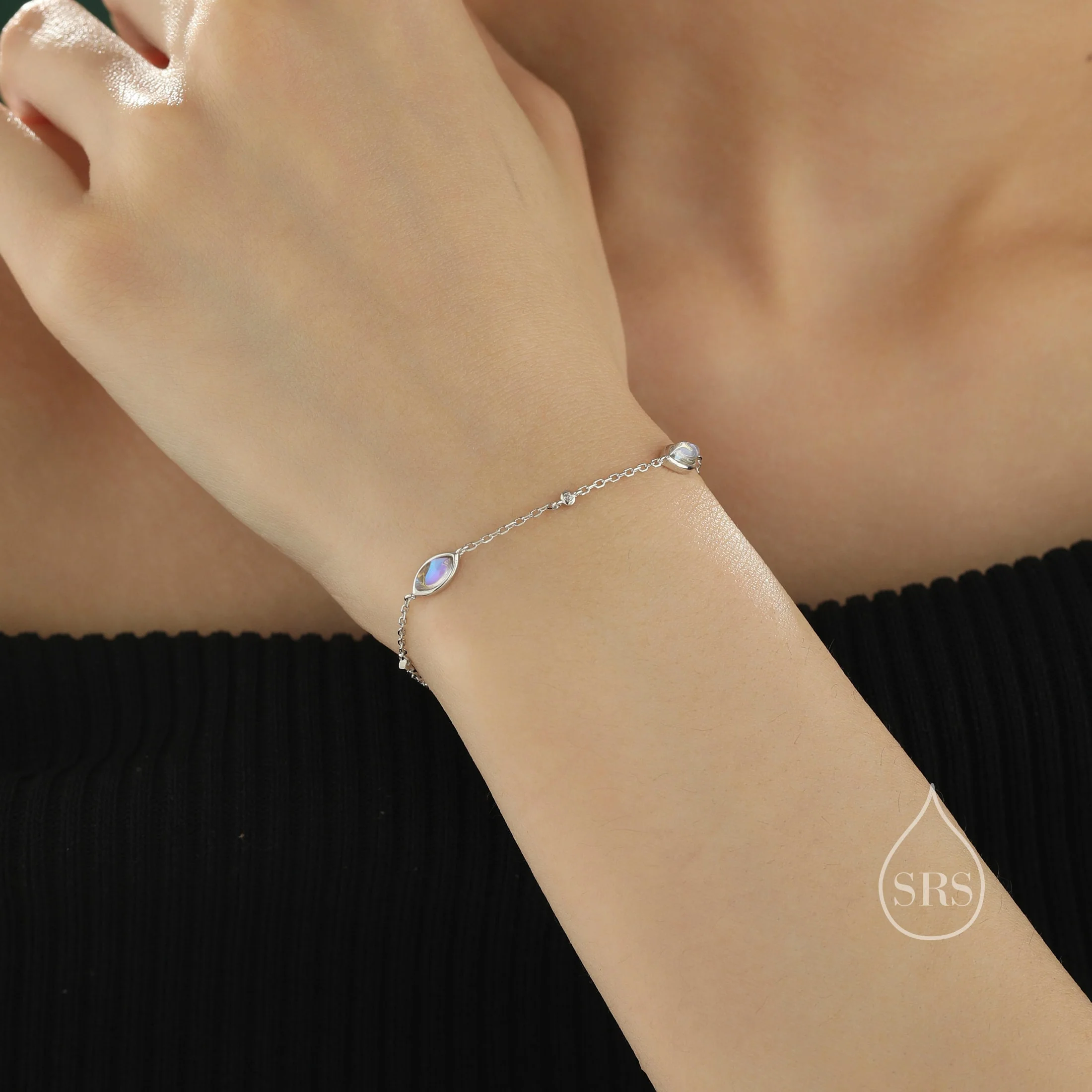 Moonstone Marquise Satellite Bracelet in Sterling Silver, Silver or Gold, Simulated Moonstone Bracelet, Marquise Moonstone Motif Bracelet - Image 4