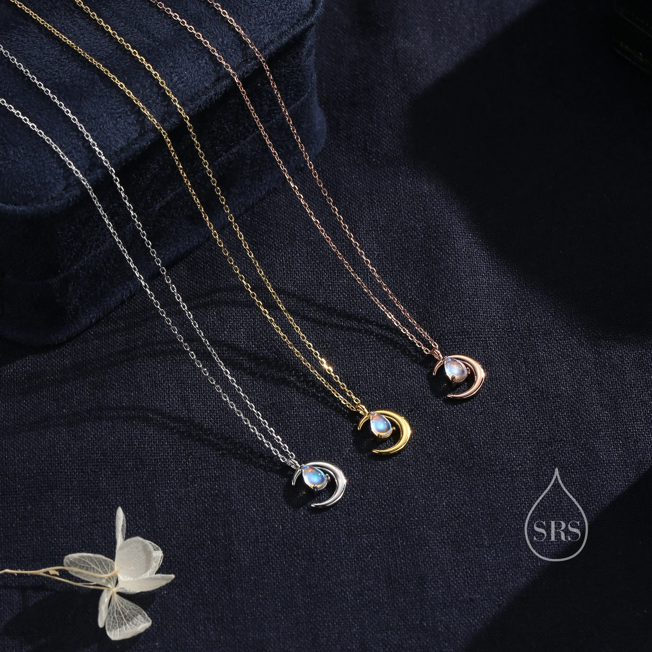 Moonstone Moon and Droplet Pendant Necklace in Sterling Silver, Silver or Gold or Rose Gold, Moonstone Starburst, Moon and Sun, Moon Face - Image 5