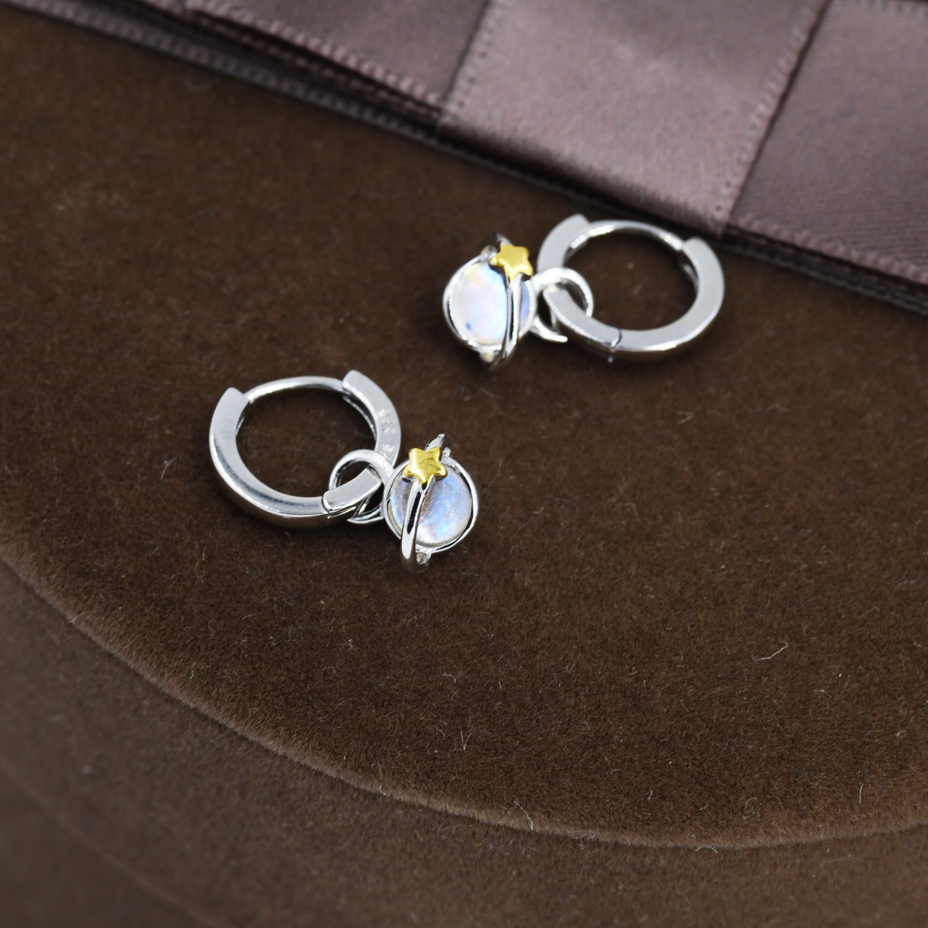Moonstone Planet and Gold Star Huggie Hoop Earrings in Sterling Silver, Simulated Moonstone, Detachable Charms, Saturn Earrings - Image 4