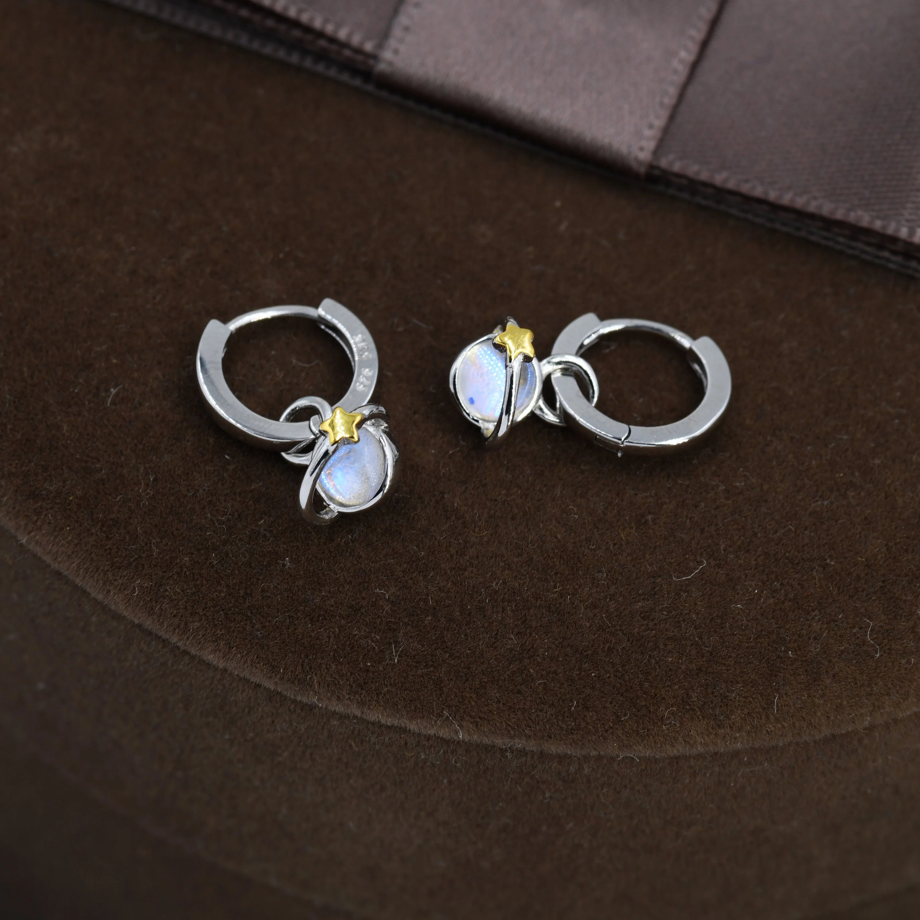 Moonstone Planet and Gold Star Huggie Hoop Earrings in Sterling Silver, Simulated Moonstone, Detachable Charms, Saturn Earrings - Image 5