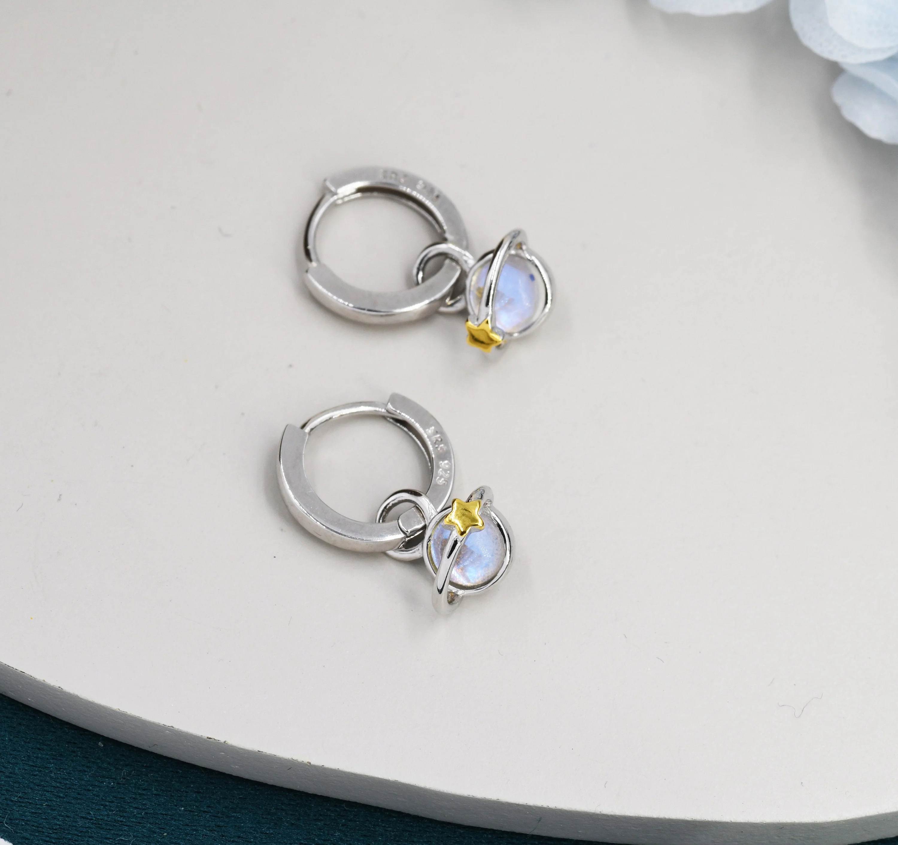 Moonstone Planet and Gold Star Huggie Hoop Earrings in Sterling Silver, Simulated Moonstone, Detachable Charms, Saturn Earrings - Image 7